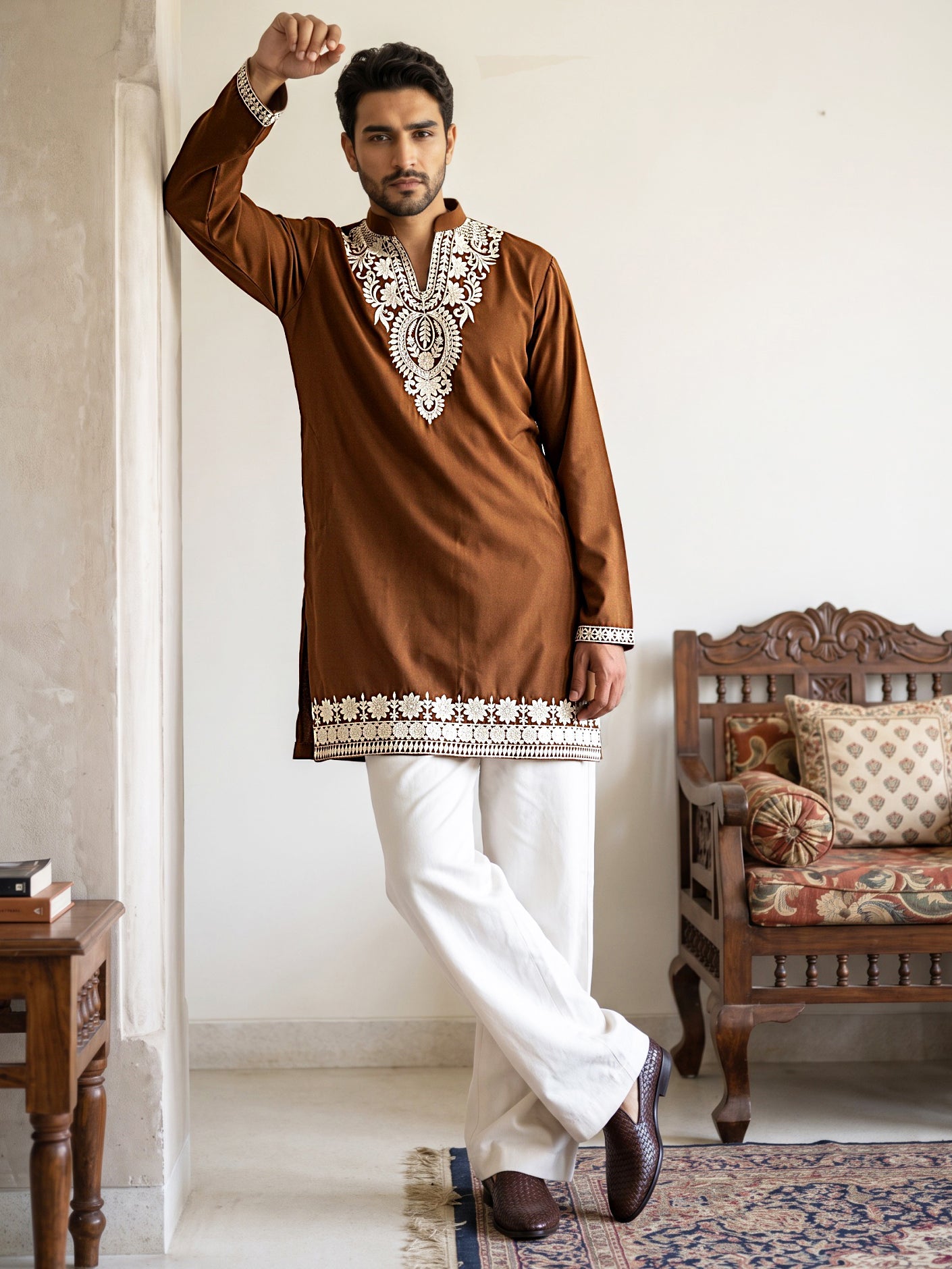 Ethnic Japanese Fabric Embroidered Kurta With Korean Pants ( 65KP PJ11W 5605Brown )