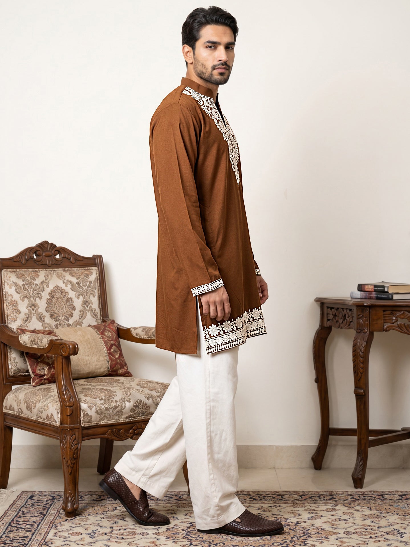 Ethnic Japanese Fabric Embroidered Kurta With Korean Pants ( 65KP PJ11W 5605Brown )