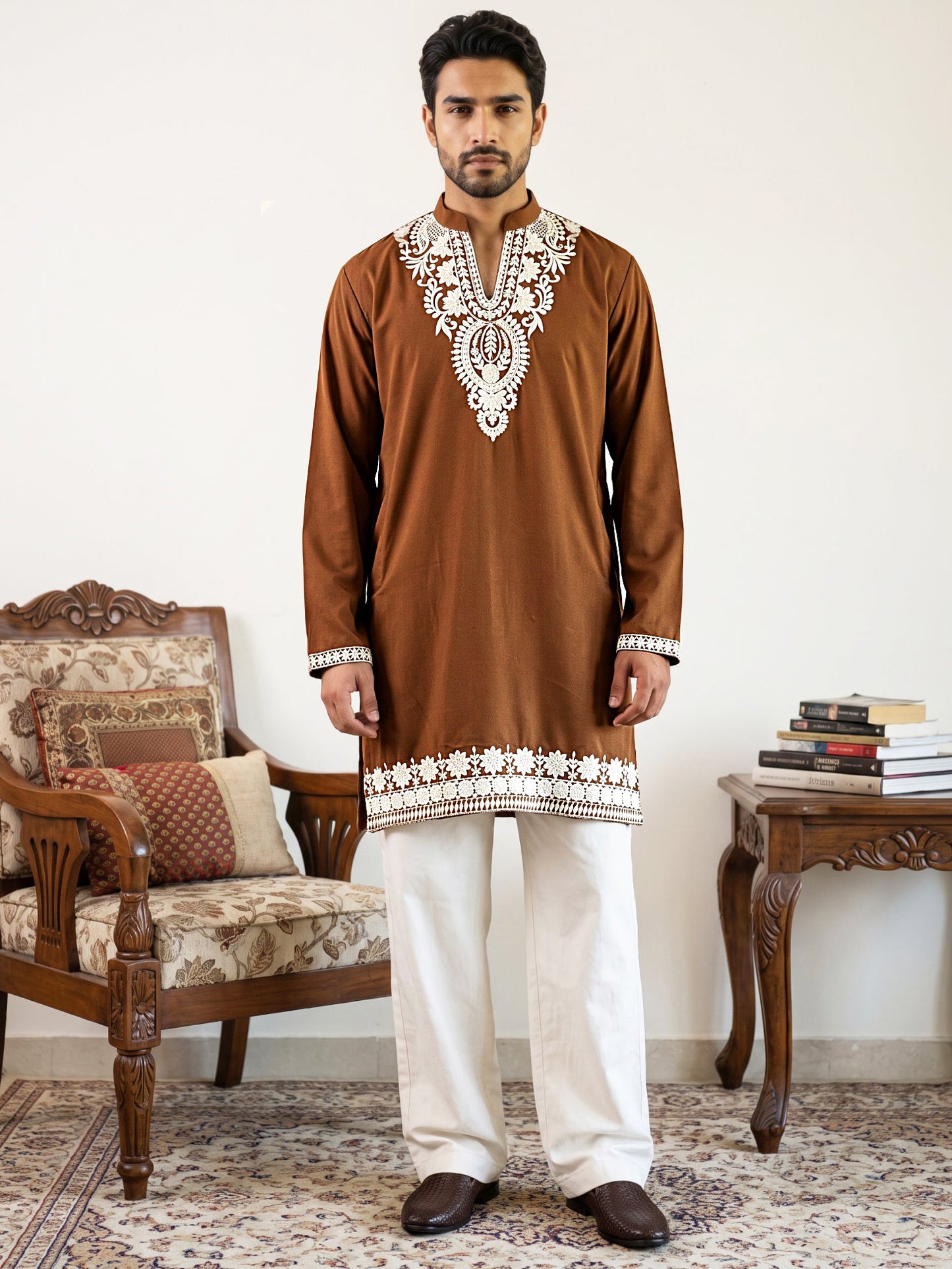 Ethnic Japanese Fabric Embroidered Kurta With Korean Pants ( 65KP PJ11W 5605Brown )