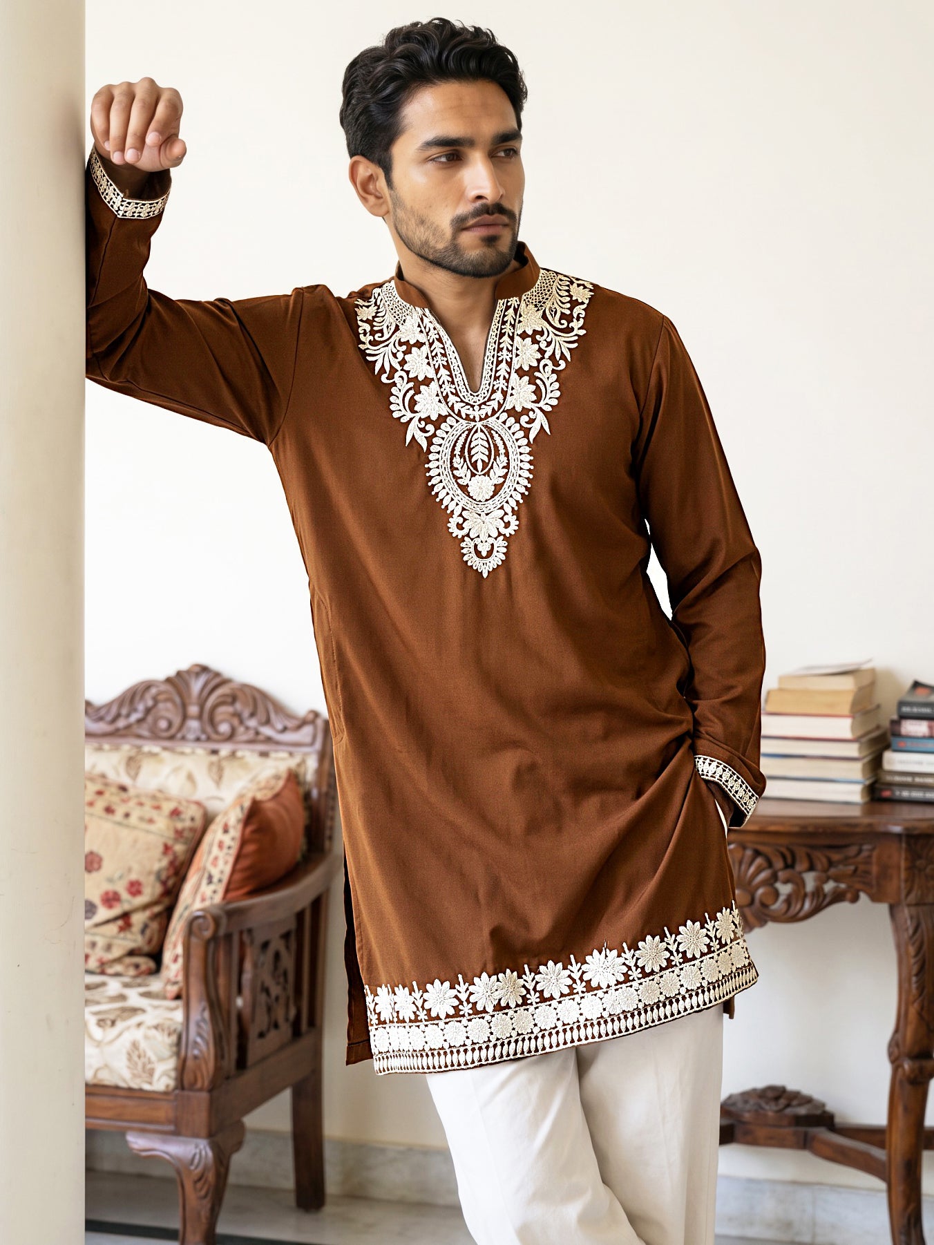 Ethnic Japanese Fabric Embroidered Kurta With Korean Pants ( 65KP PJ11W 5605Brown )