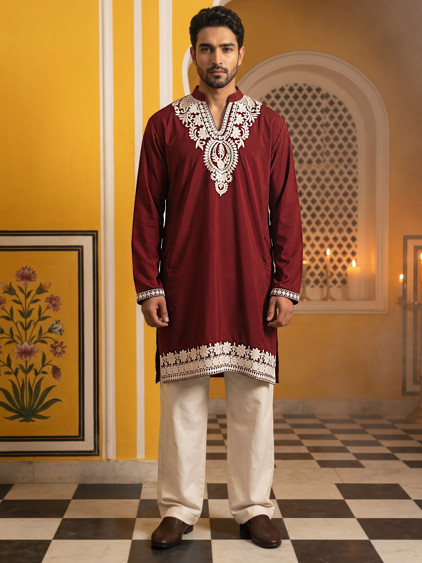 Ethnic Japanese Fabric Embroidered Kurta With Korean Pants ( 65KP PJ11W 5605Maroon )