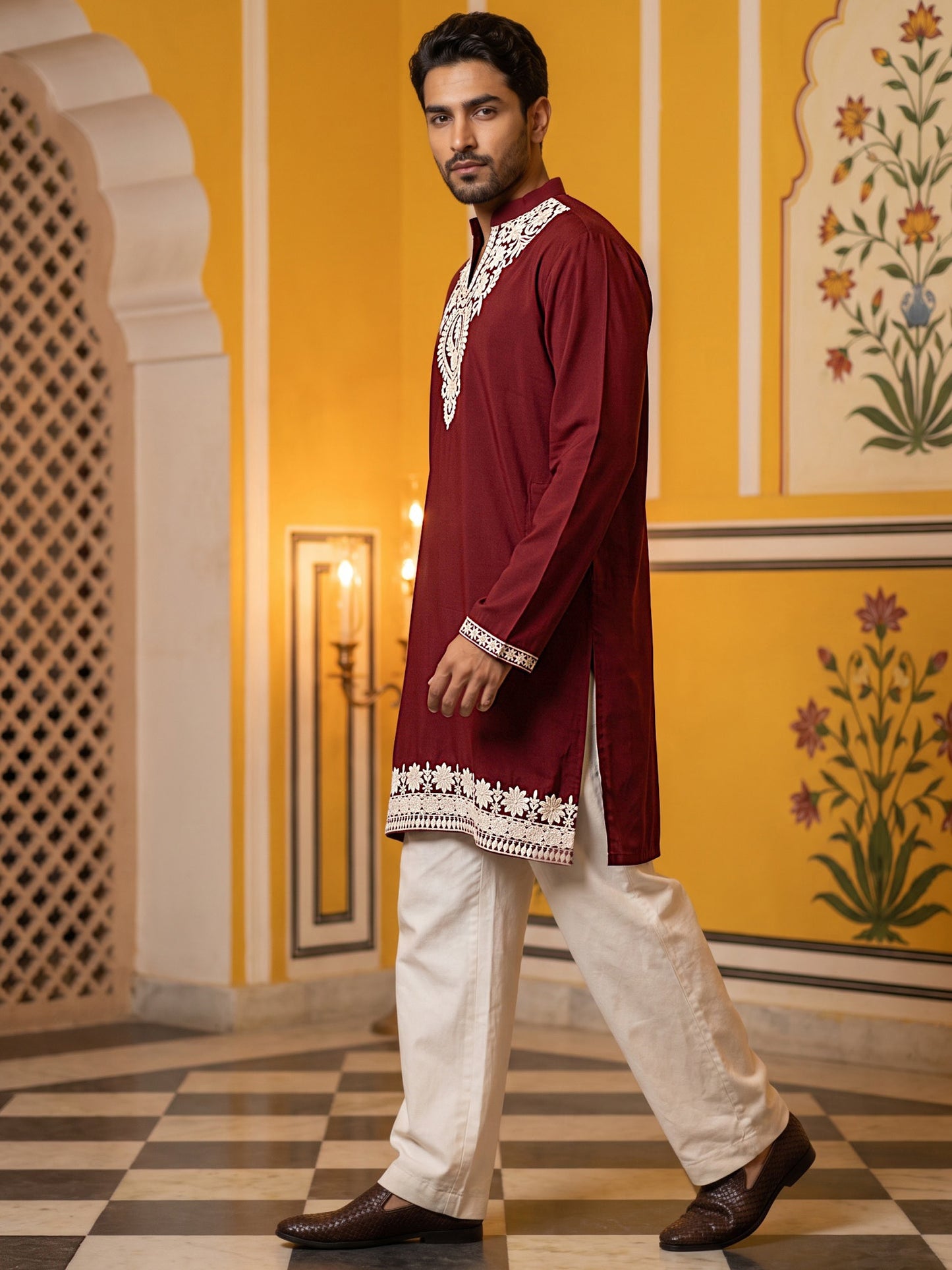 Ethnic Japanese Fabric Embroidered Kurta With Korean Pants ( 65KP PJ11W 5605Maroon )