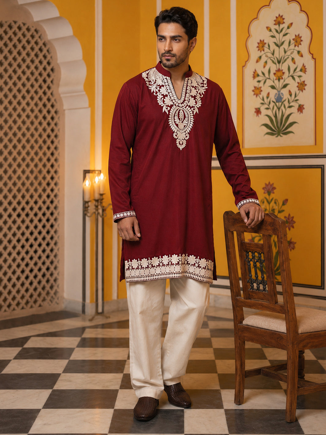 Ethnic Japanese Fabric Embroidered Kurta With Korean Pants ( 65KP PJ11W 5605Maroon )