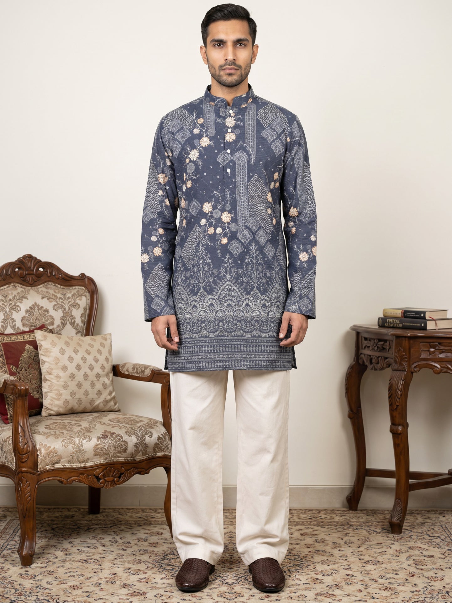 Traditional Cotton Blend Printed Kurta With Korean Pants ( 65KP PJ11W 5606Blue )