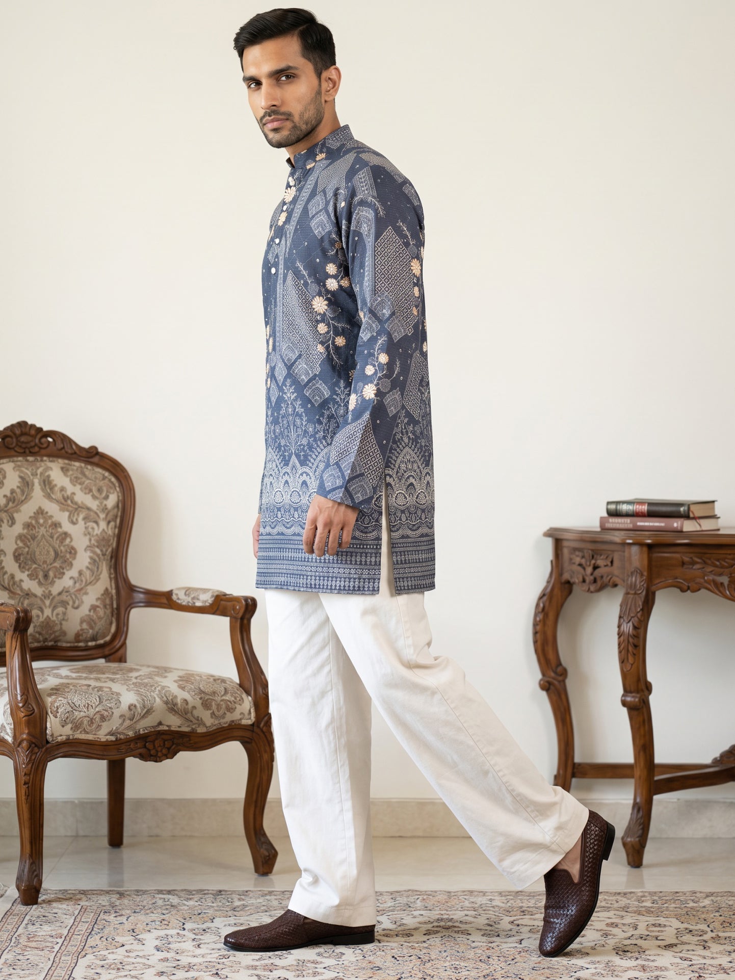 Traditional Cotton Blend Printed Kurta With Korean Pants ( 65KP PJ11W 5606Blue )