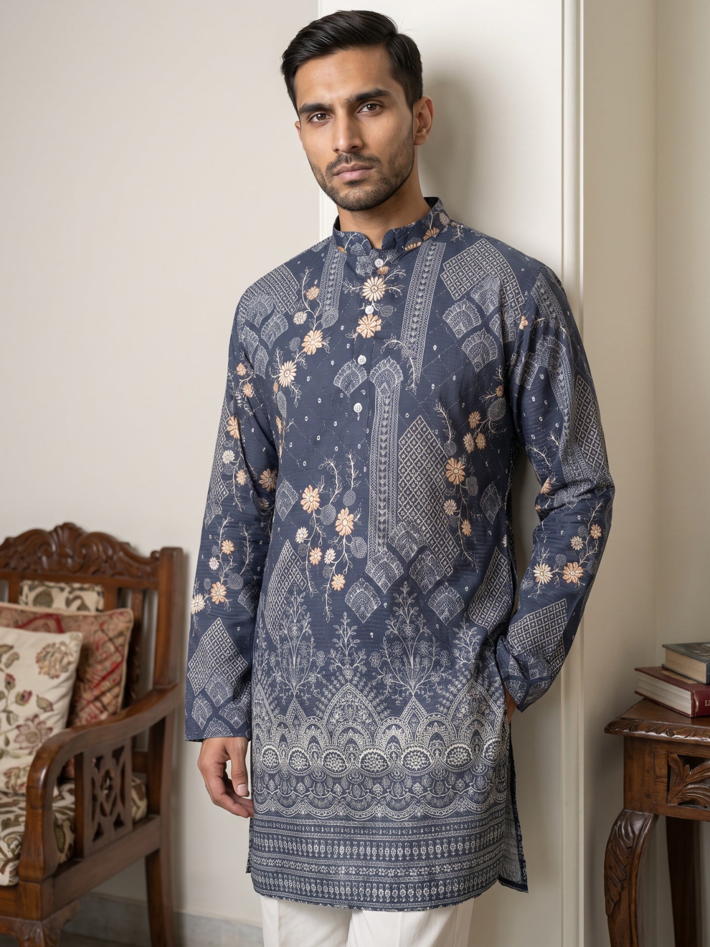 Traditional Cotton Blend Printed Kurta With Korean Pants ( 65KP PJ11W 5606Blue )