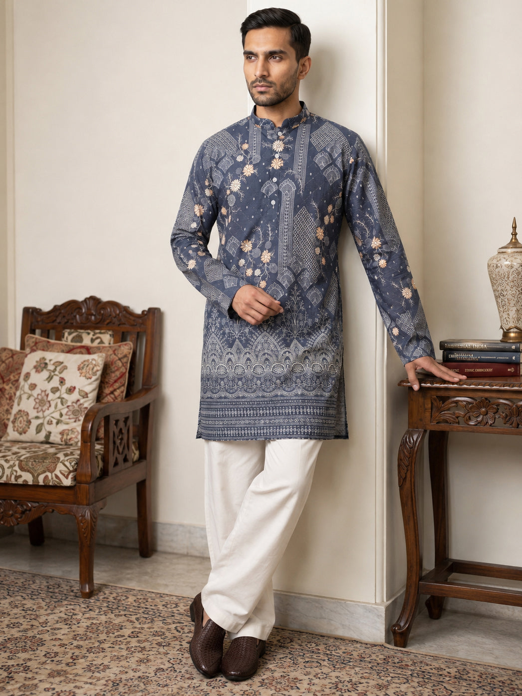 Traditional Cotton Blend Printed Kurta With Korean Pants ( 65KP PJ11W 5606Blue )
