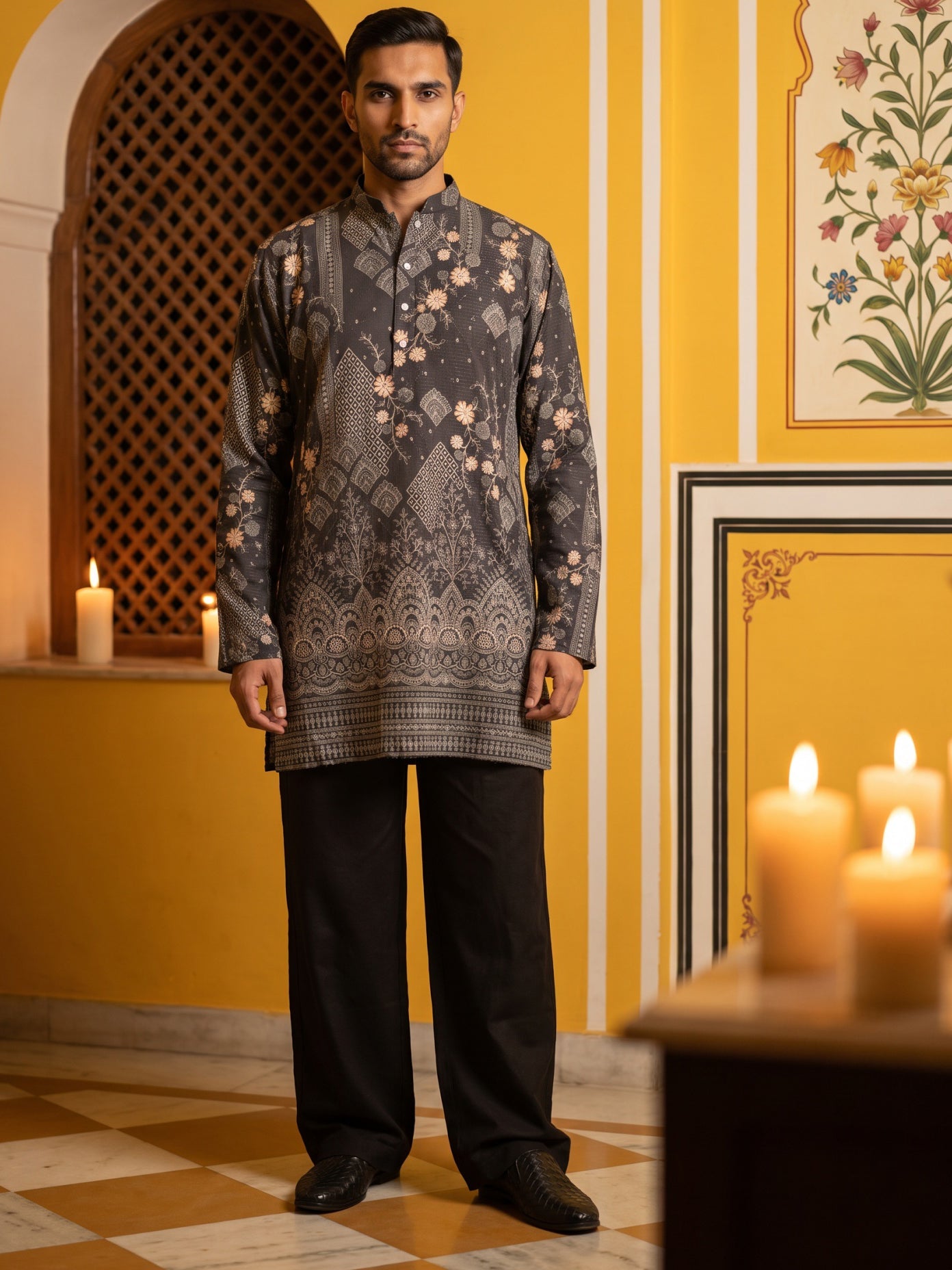 Traditional Cotton Blend Printed Kurta With Korean Pants ( 65KP PJ11B 5606Grey )