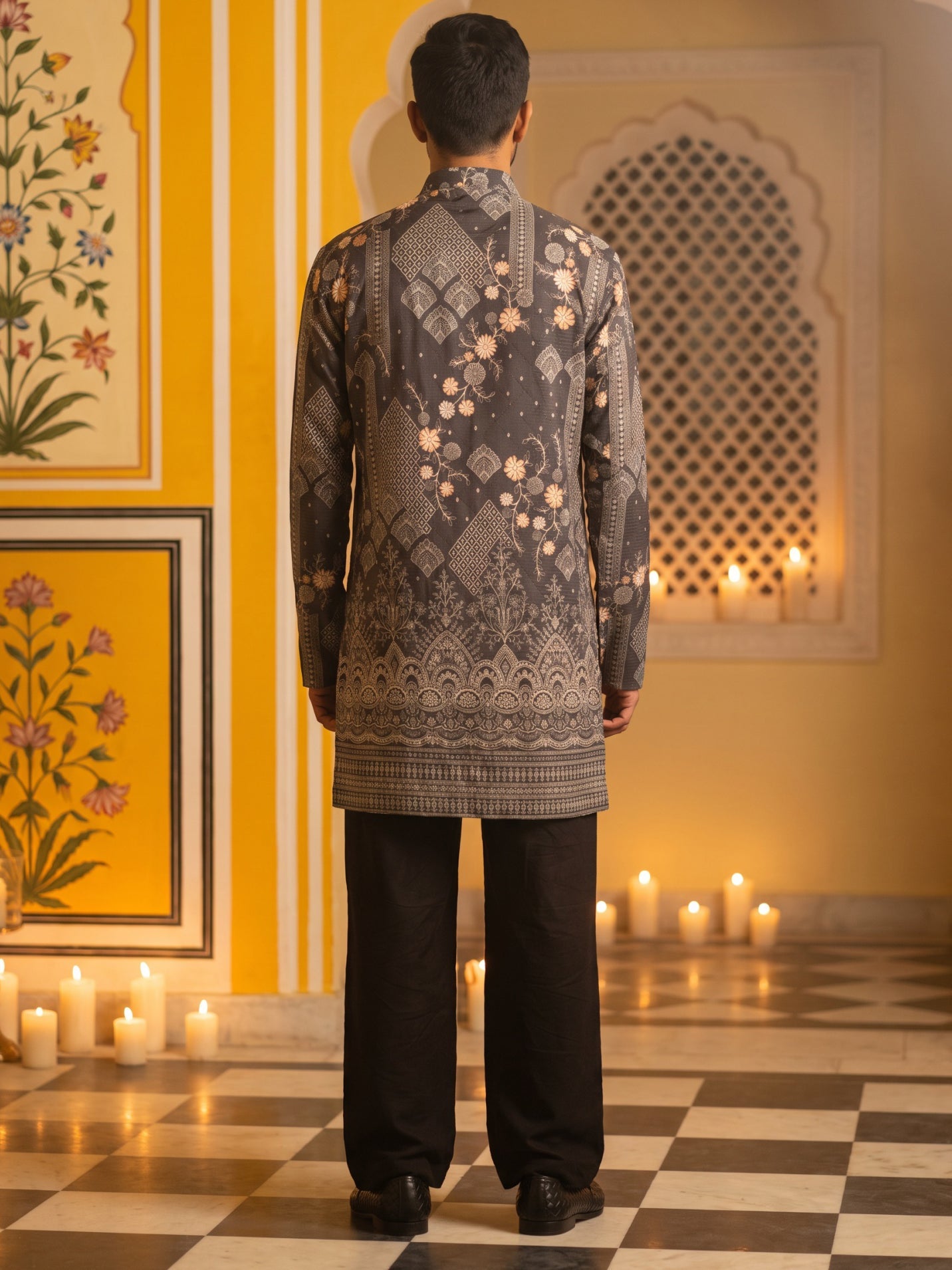 Traditional Cotton Blend Printed Kurta With Korean Pants ( 65KP PJ11B 5606Grey )