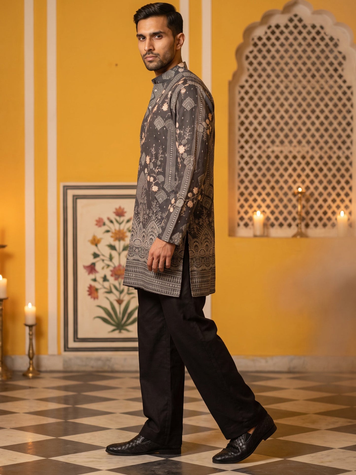 Traditional Cotton Blend Printed Kurta With Korean Pants ( 65KP PJ11B 5606Grey )