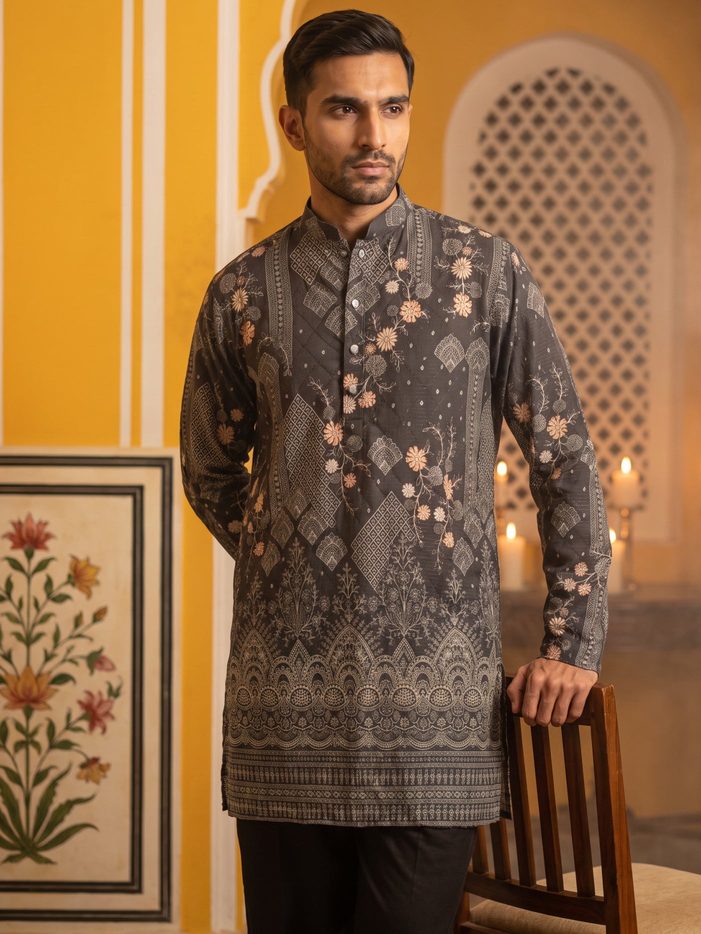 Traditional Cotton Blend Printed Kurta With Korean Pants ( 65KP PJ11B 5606Grey )