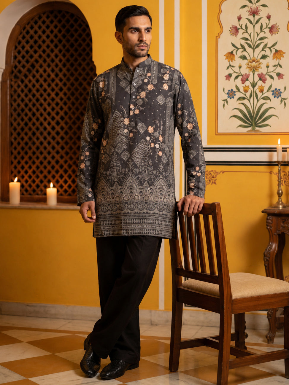 Traditional Cotton Blend Printed Kurta With Korean Pants ( 65KP PJ11B 5606Grey )