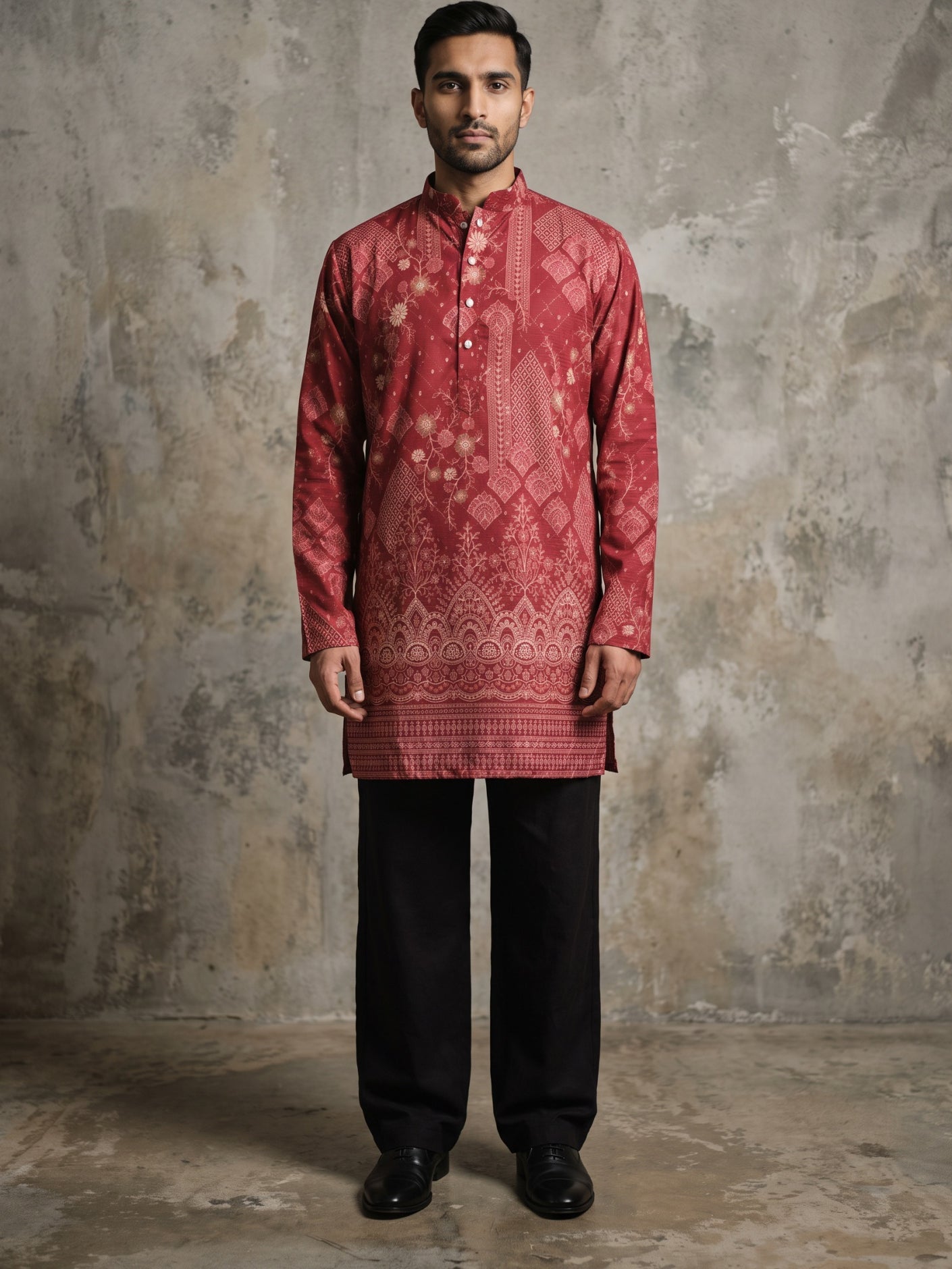 Traditional Cotton Blend Printed Kurta With Korean Pants ( 65KP PJ11B 5606Maroon )