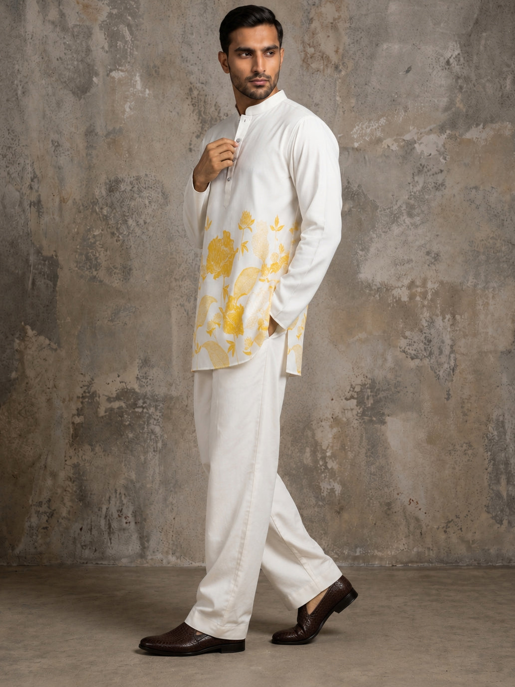 Cotton Blend Floral Printed Kurta With Korean Pants ( 65KP PJ11W 5607Yellow )
