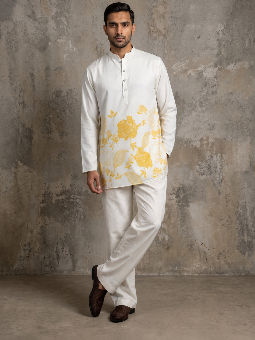 Cotton Blend Floral Printed Kurta With Korean Pants ( 65KP PJ11W 5607Yellow )