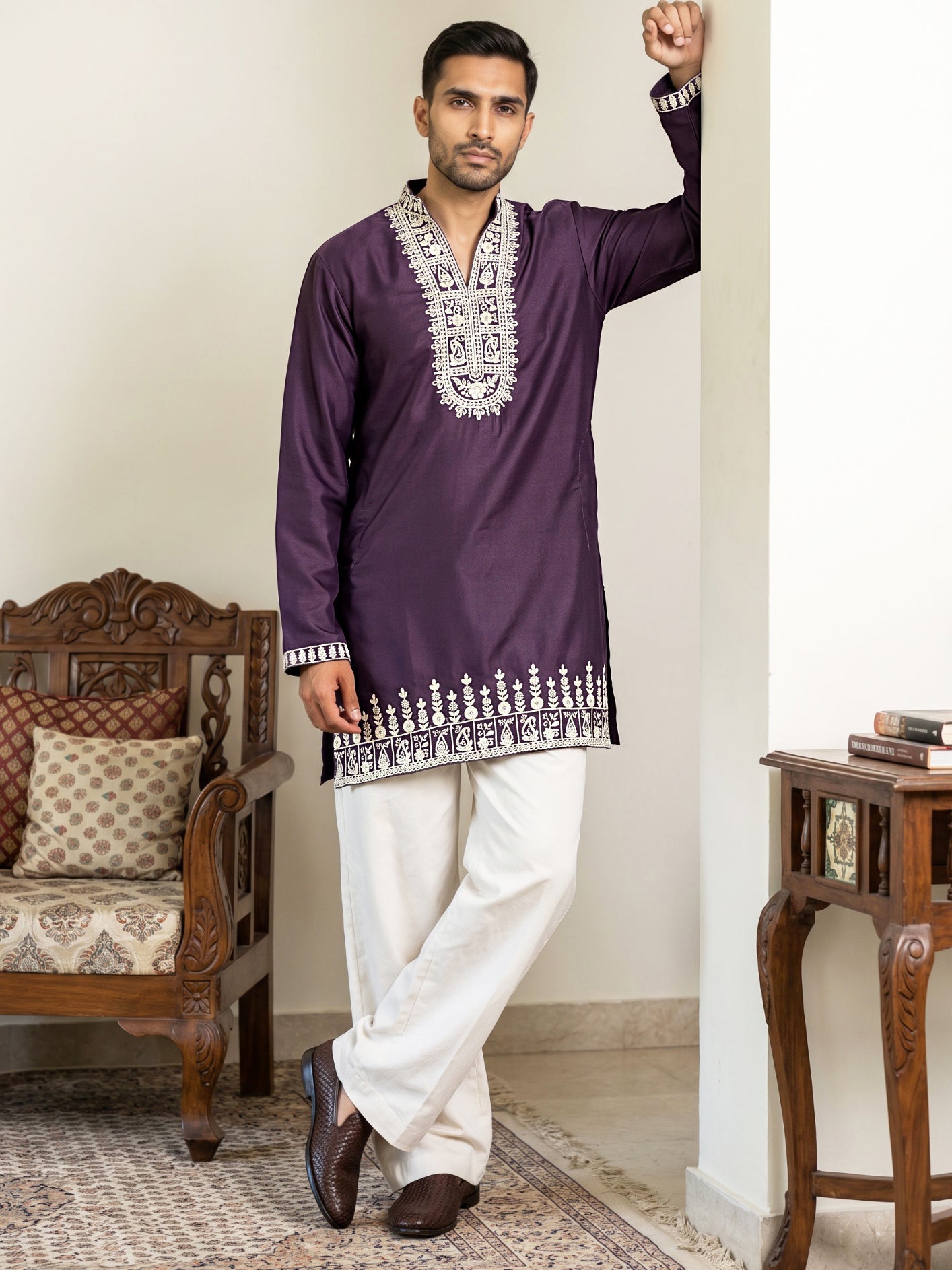 Japanese Fabric Designer Embroidered Kurta With Korean Pants ( 65KP PJ11W 5608Purple )
