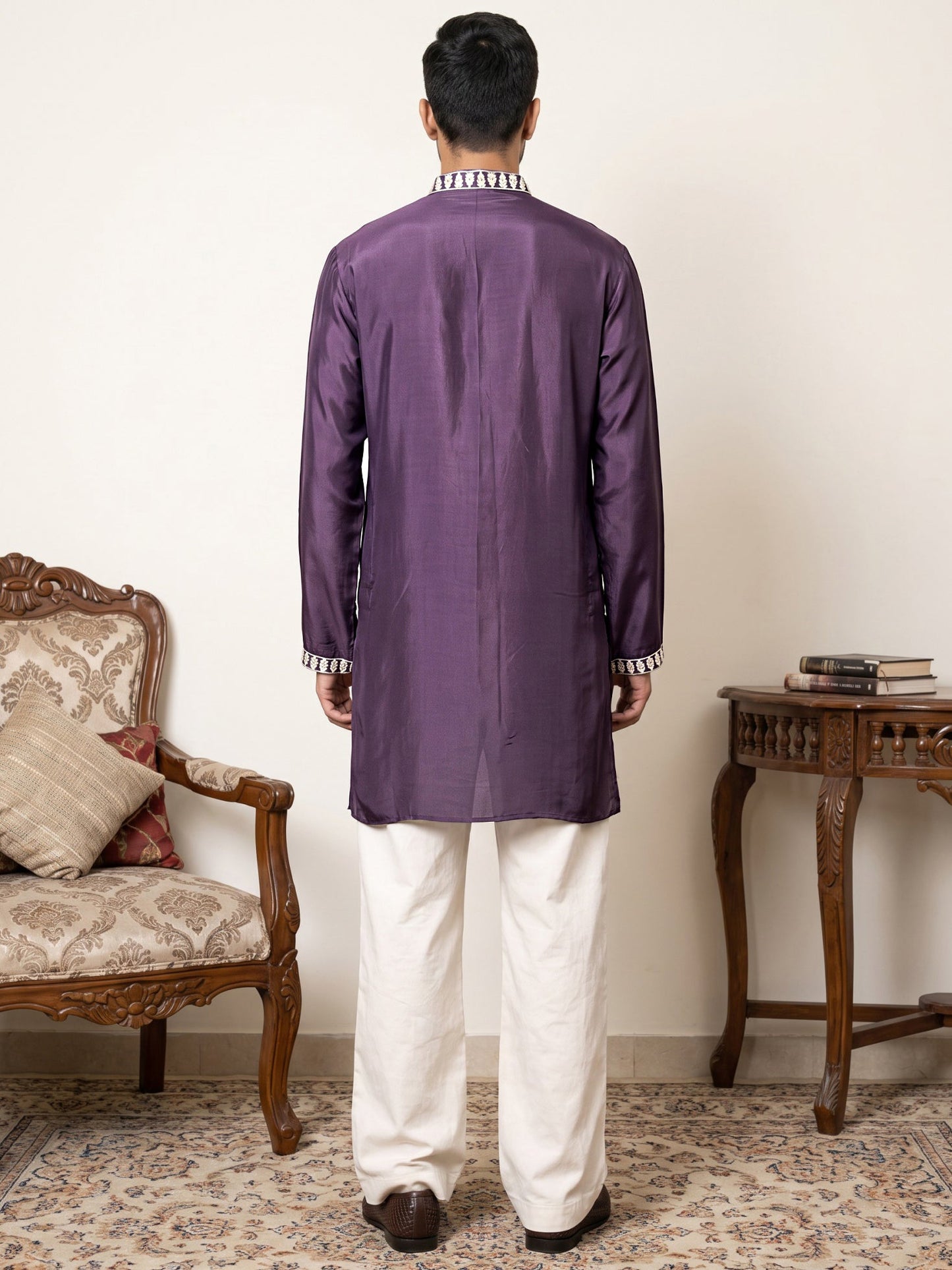 Japanese Fabric Designer Embroidered Kurta With Korean Pants ( 65KP PJ11W 5608Purple )