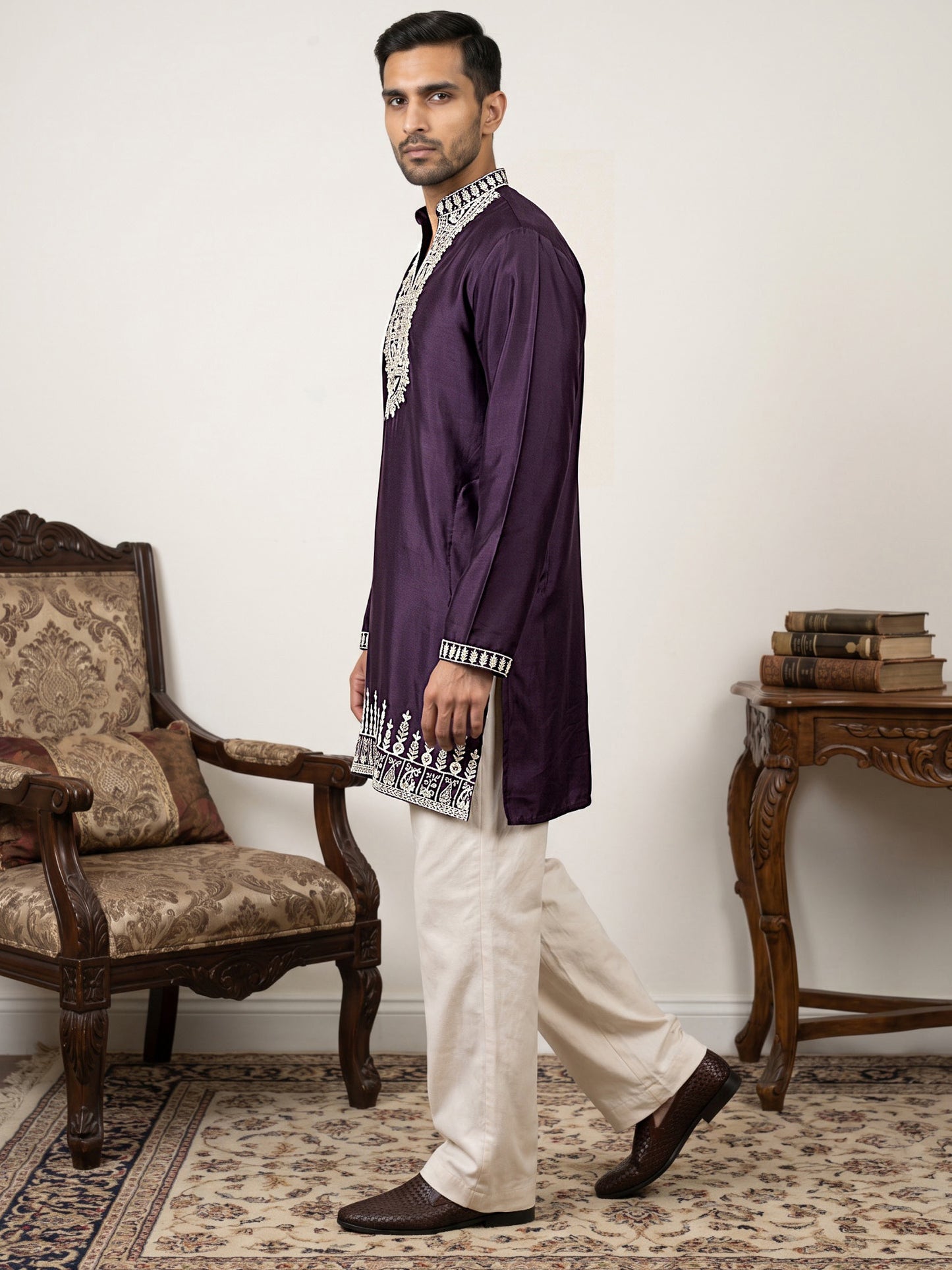 Japanese Fabric Designer Embroidered Kurta With Korean Pants ( 65KP PJ11W 5608Purple )