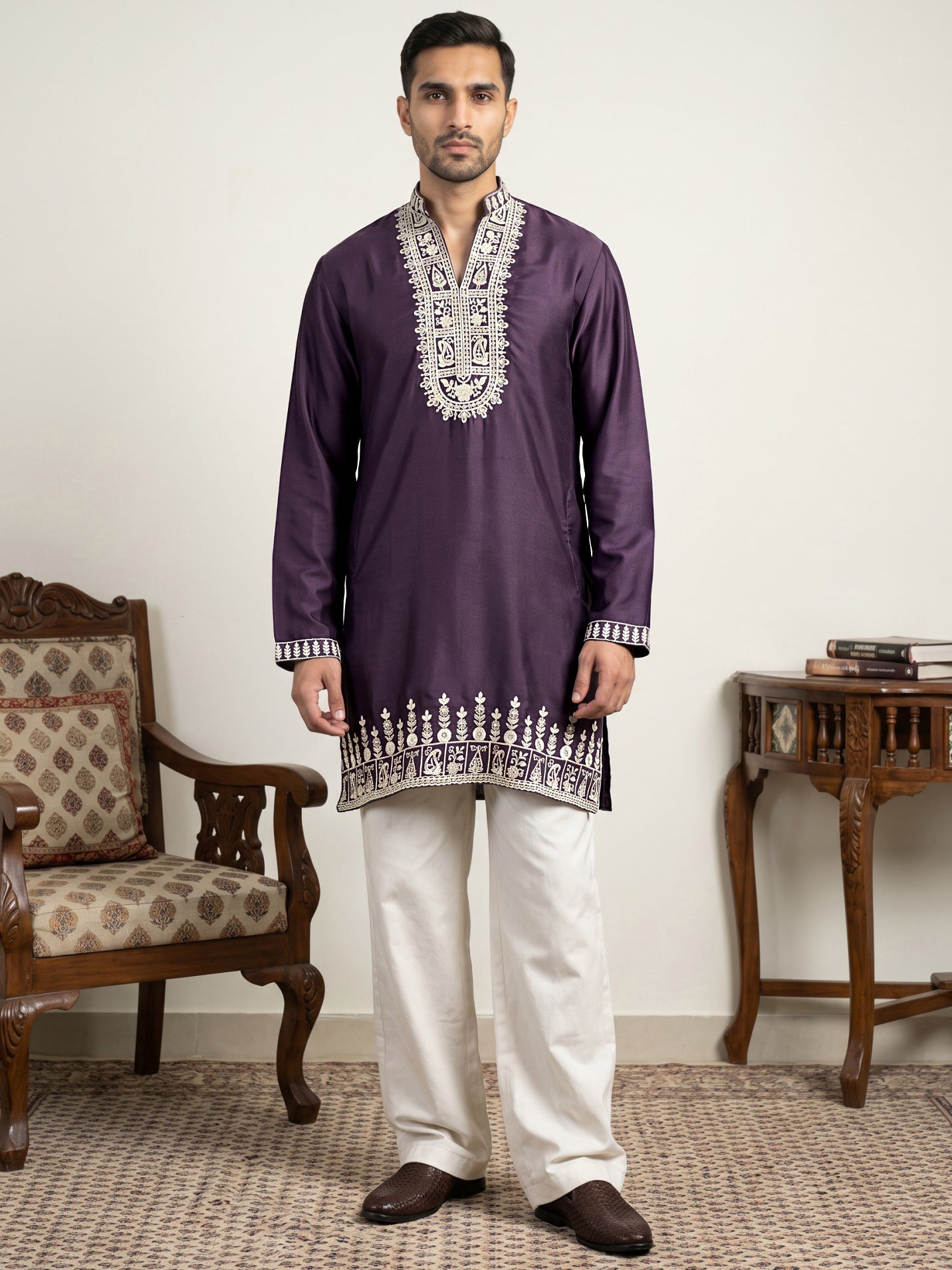 Japanese Fabric Designer Embroidered Kurta With Korean Pants ( 65KP PJ11W 5608Purple )