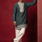 Japanese Fabric Designer Embroidered Kurta With Korean Pants ( 65KP PJ11W 5608Teal )