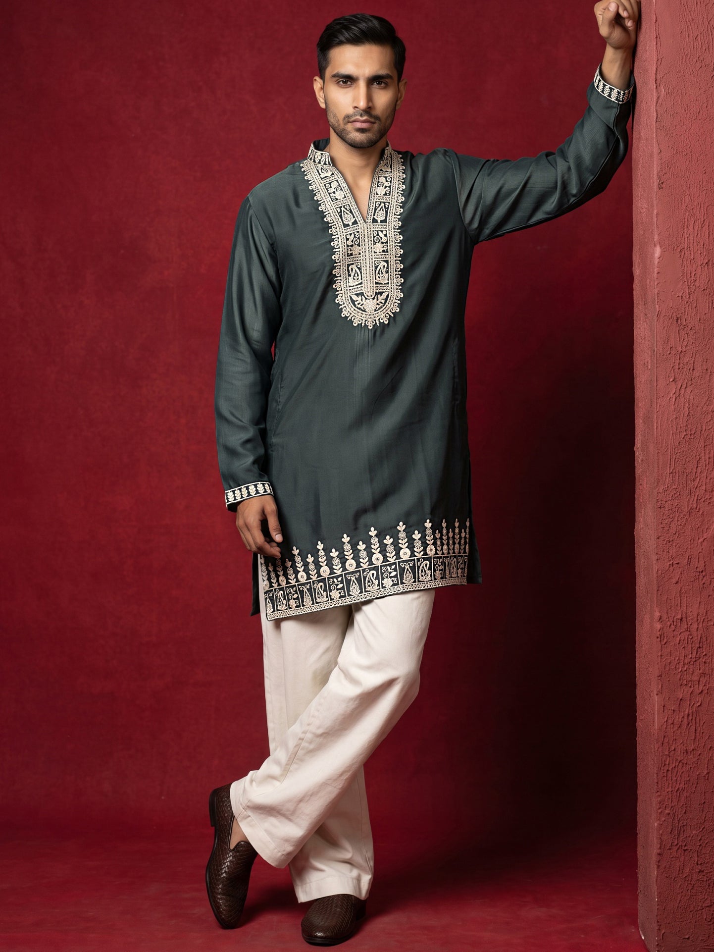 Japanese Fabric Designer Embroidered Kurta With Korean Pants ( 65KP PJ11W 5608Teal )