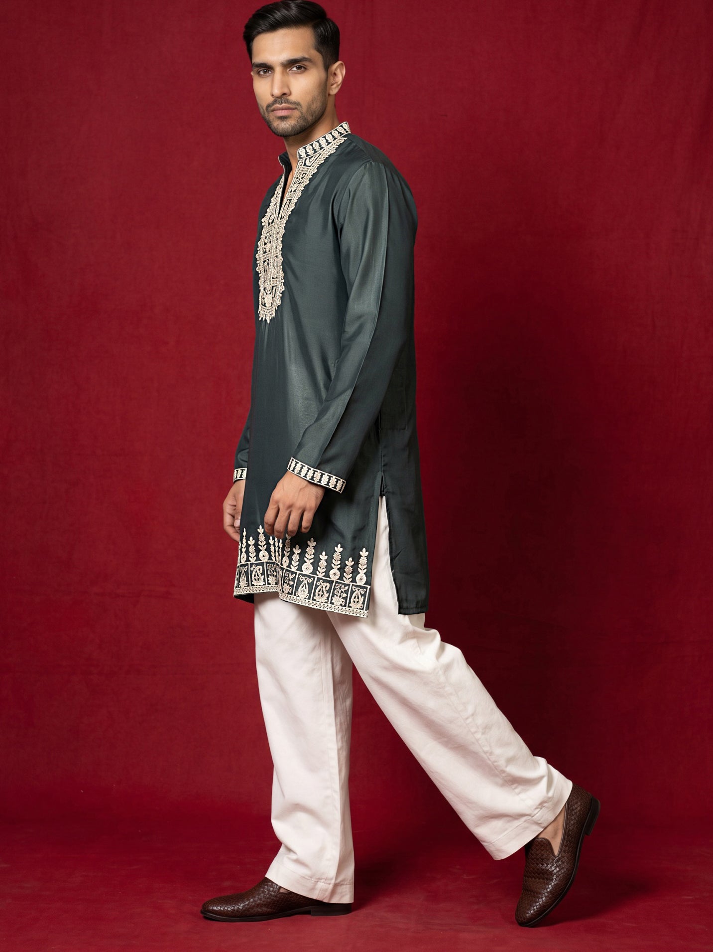 Japanese Fabric Designer Embroidered Kurta With Korean Pants ( 65KP PJ11W 5608Teal )