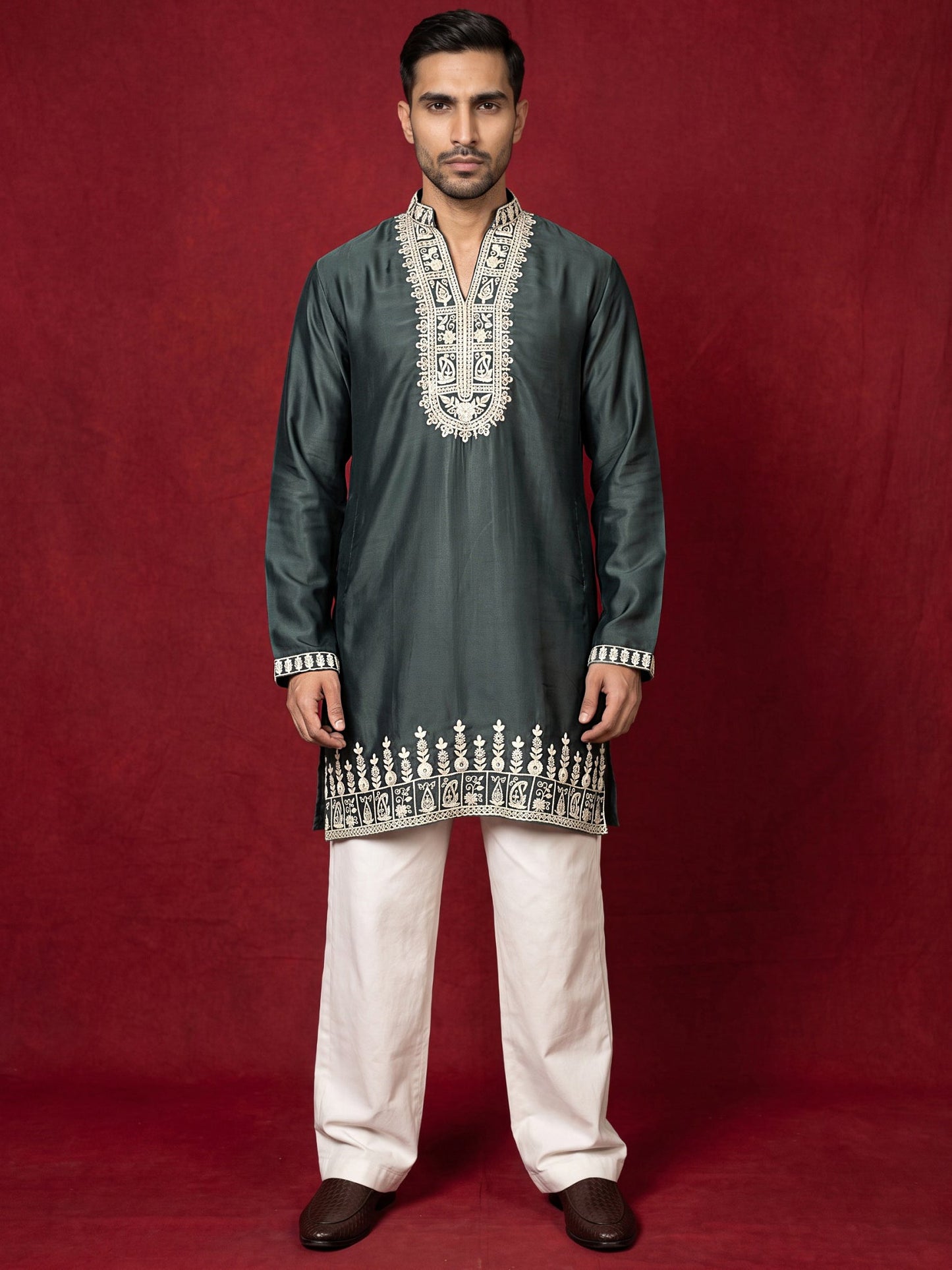 Japanese Fabric Designer Embroidered Kurta With Korean Pants ( 65KP PJ11W 5608Teal )