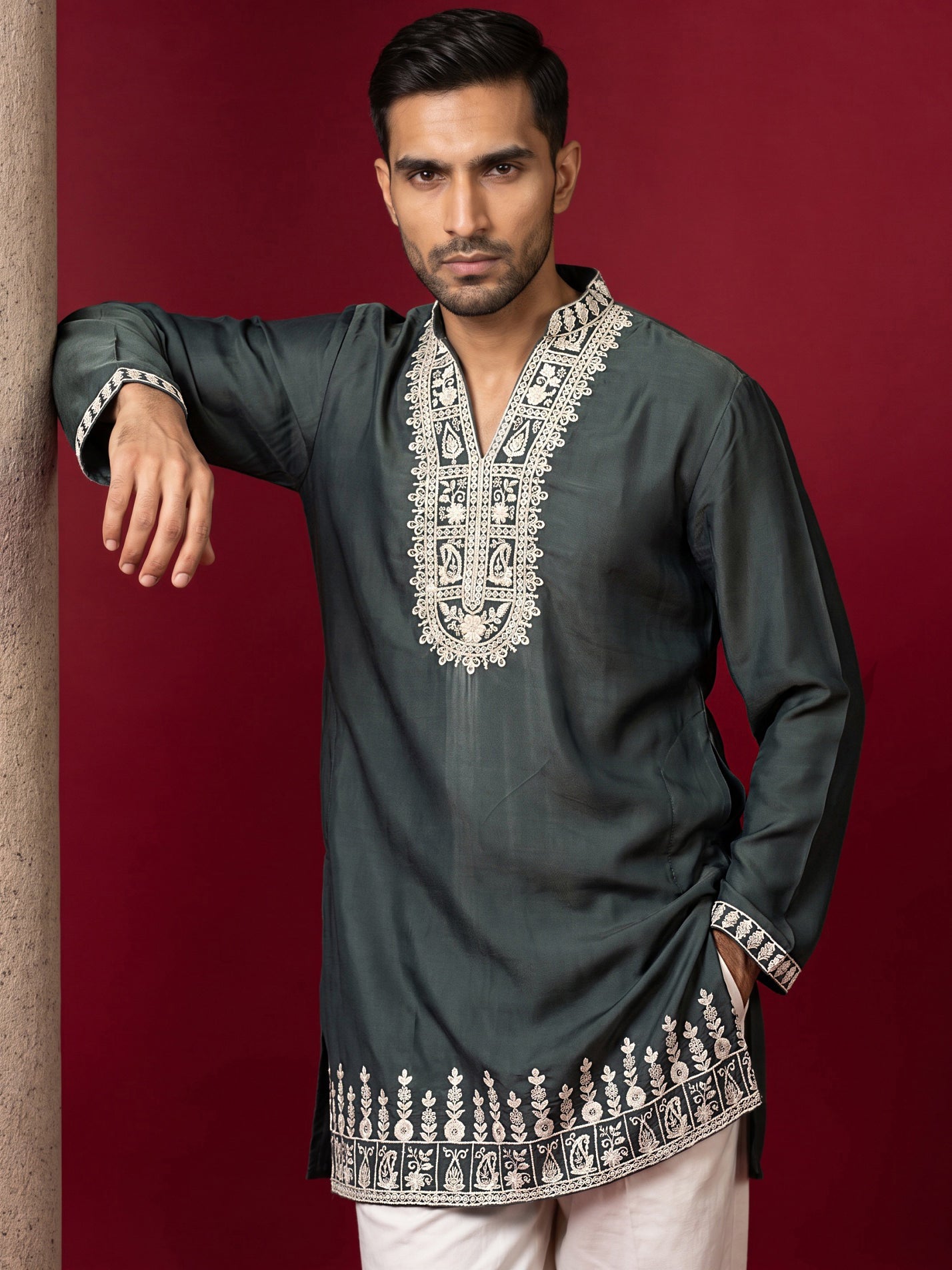 Japanese Fabric Designer Embroidered Kurta With Korean Pants ( 65KP PJ11W 5608Teal )