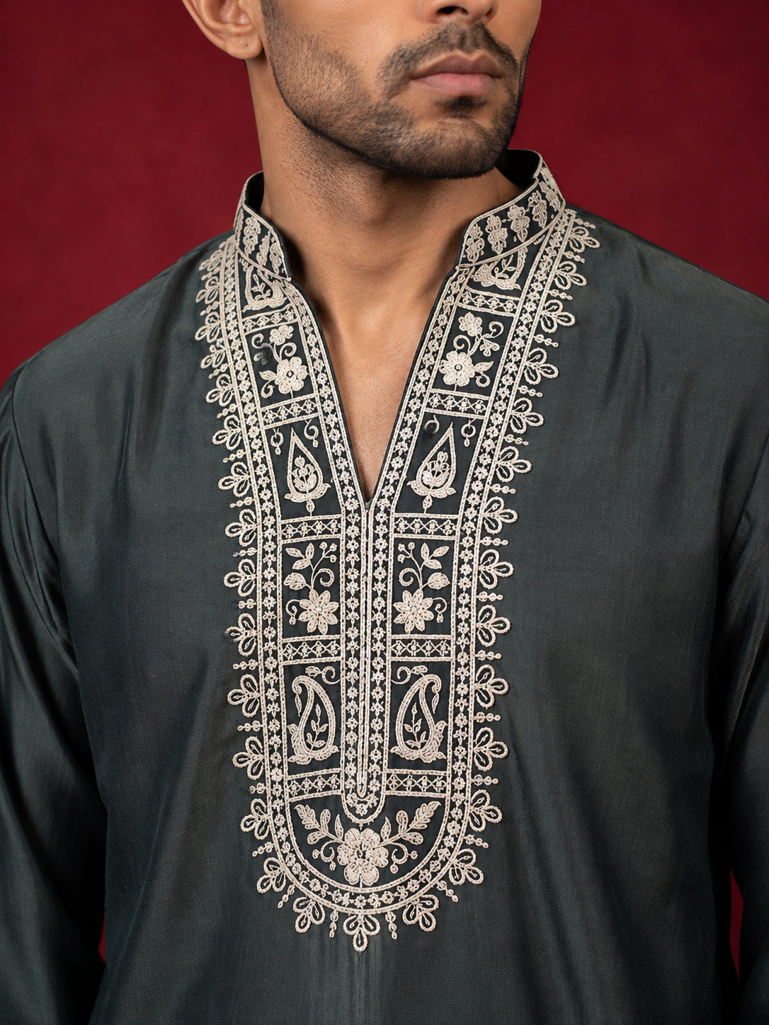Japanese Fabric Designer Embroidered Kurta With Korean Pants ( 65KP PJ11W 5608Teal )