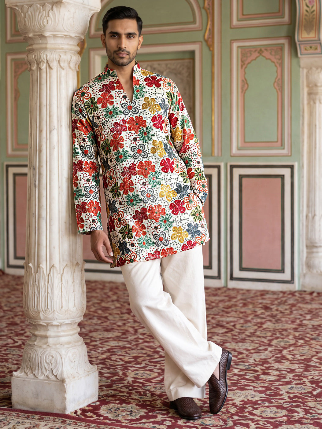 Silk Blend Designer Embroidered Kurta With Korean Pants ( 65KP PJ11W 5609White )