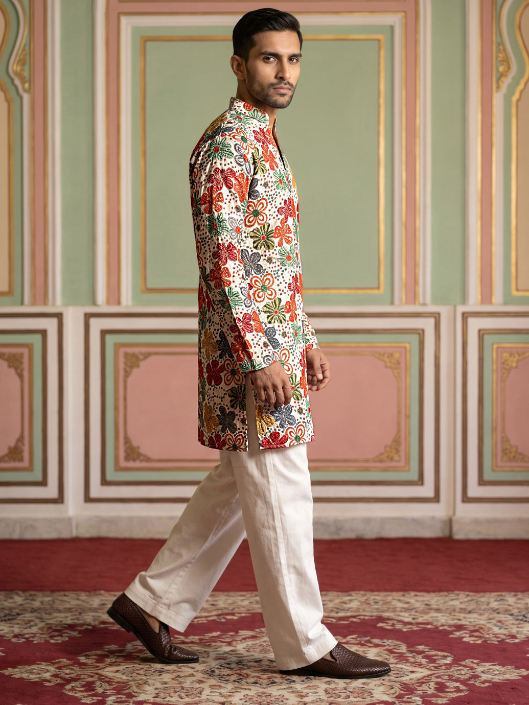Silk Blend Designer Embroidered Kurta With Korean Pants ( 65KP PJ11W 5609White )