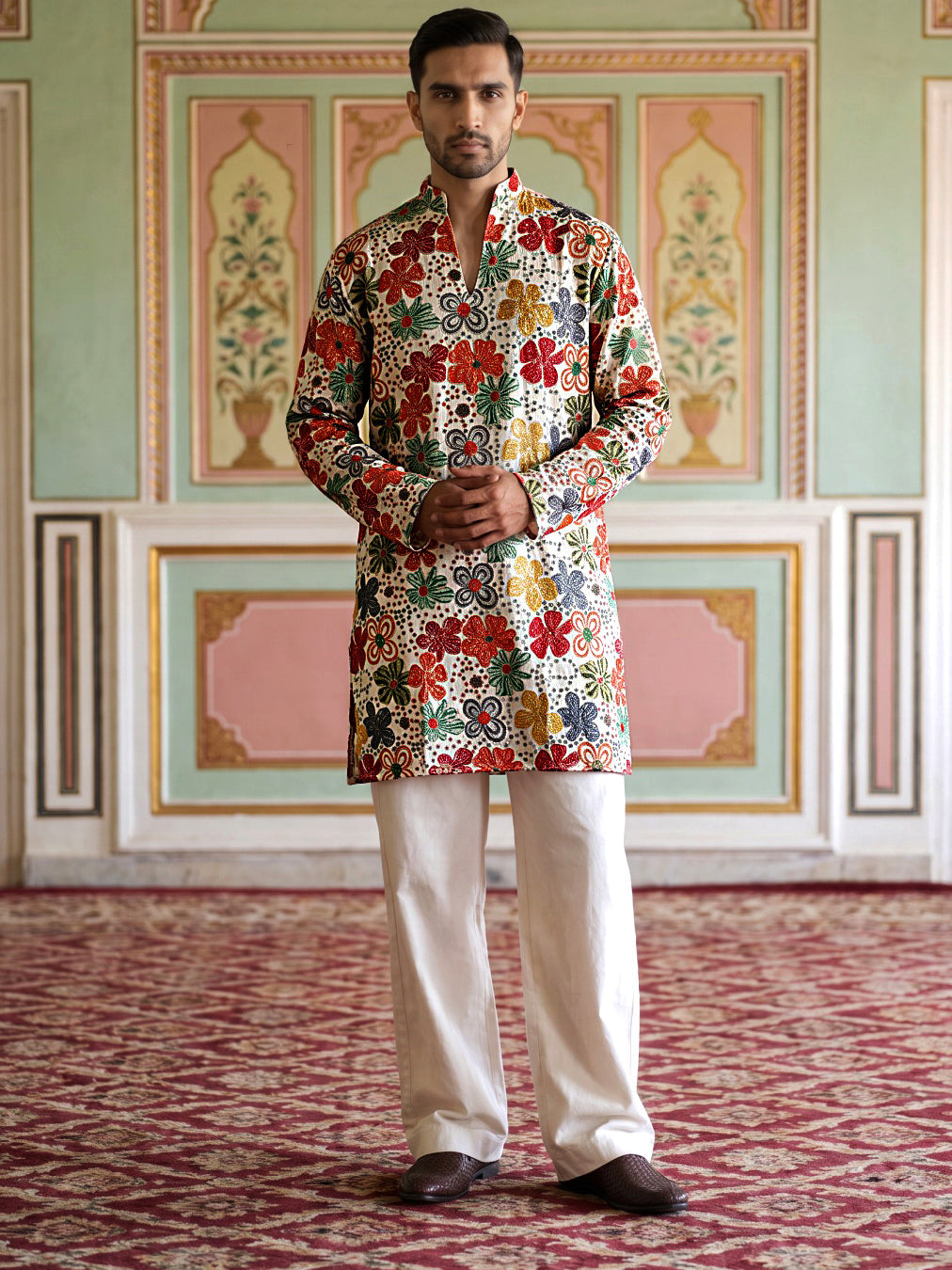 Silk Blend Designer Embroidered Kurta With Korean Pants ( 65KP PJ11W 5609White )