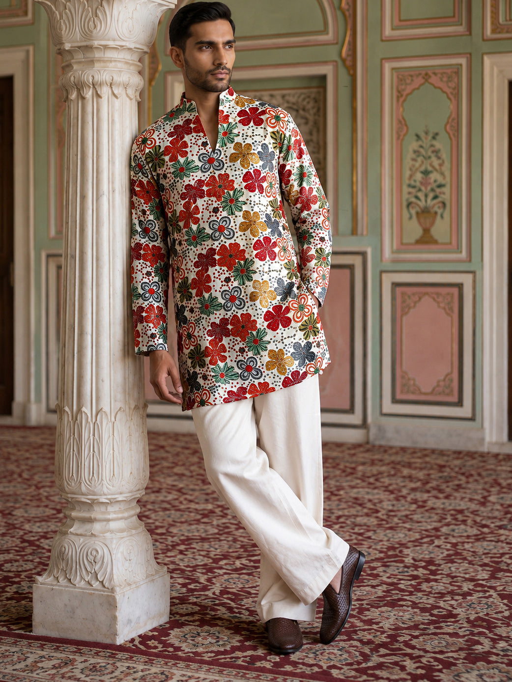 Silk Blend Designer Embroidered Kurta With Korean Pants ( 65KP PJ11W 5609White )