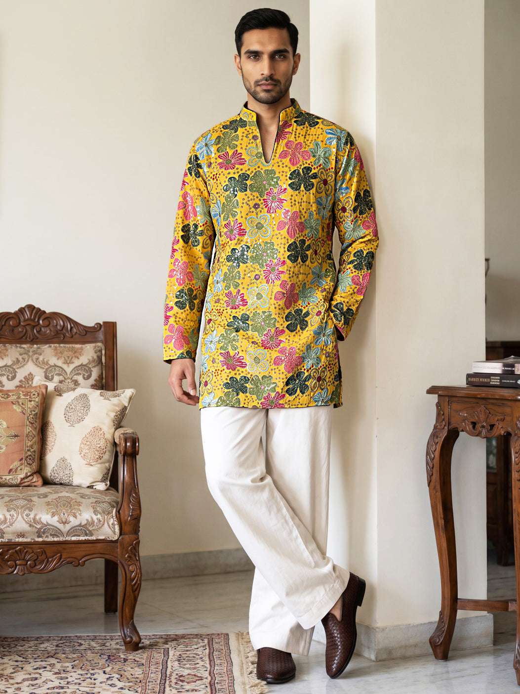 Silk Blend Designer Embroidered Kurta With Korean Pants ( 65KP PJ11W 5609Yellow )