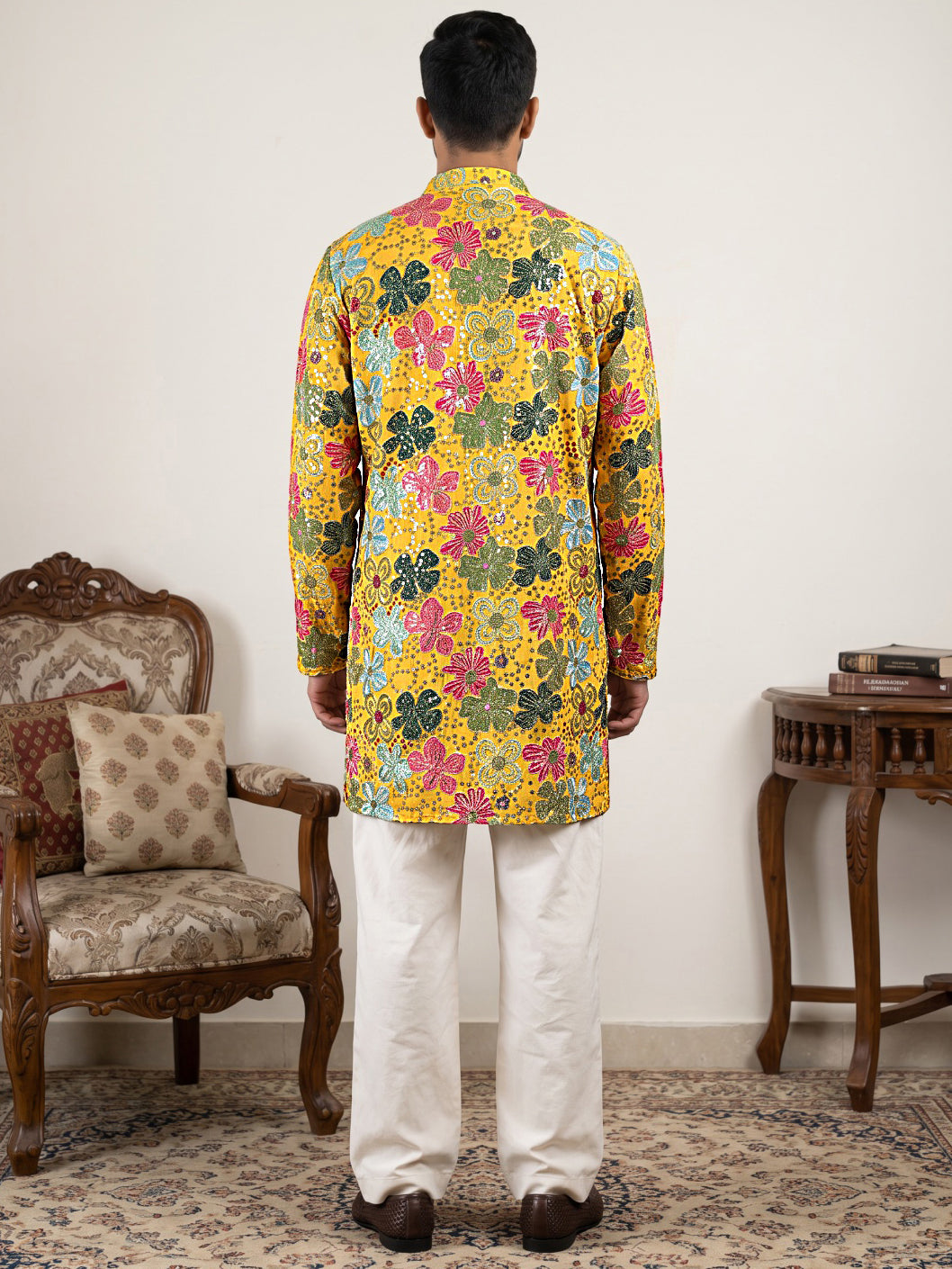 Silk Blend Designer Embroidered Kurta With Korean Pants ( 65KP PJ11W 5609Yellow )