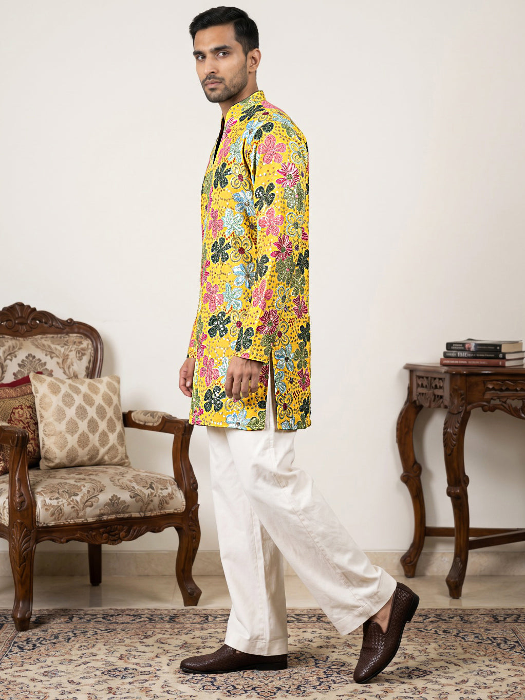 Silk Blend Designer Embroidered Kurta With Korean Pants ( 65KP PJ11W 5609Yellow )