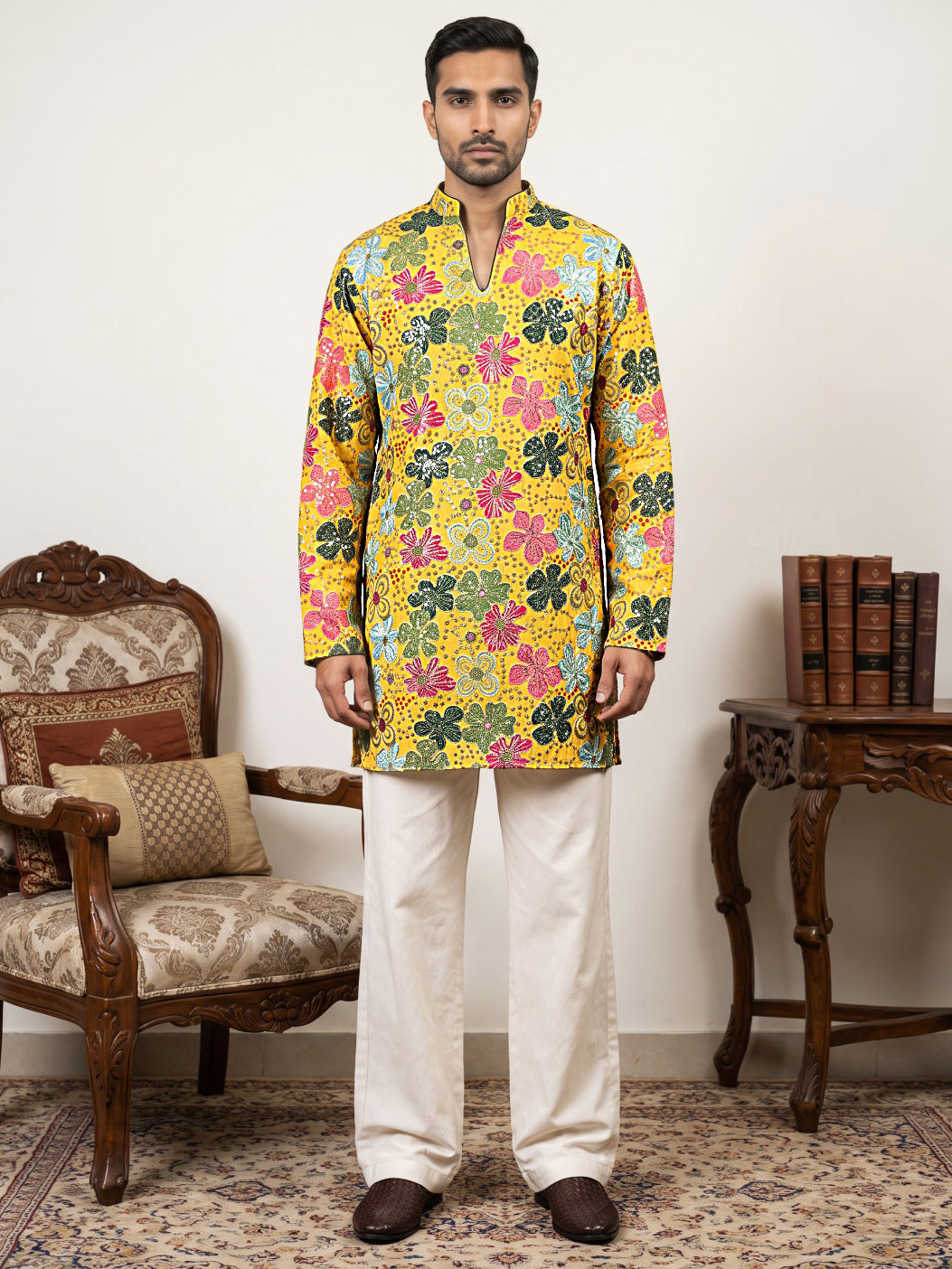 Silk Blend Designer Embroidered Kurta With Korean Pants ( 65KP PJ11W 5609Yellow )
