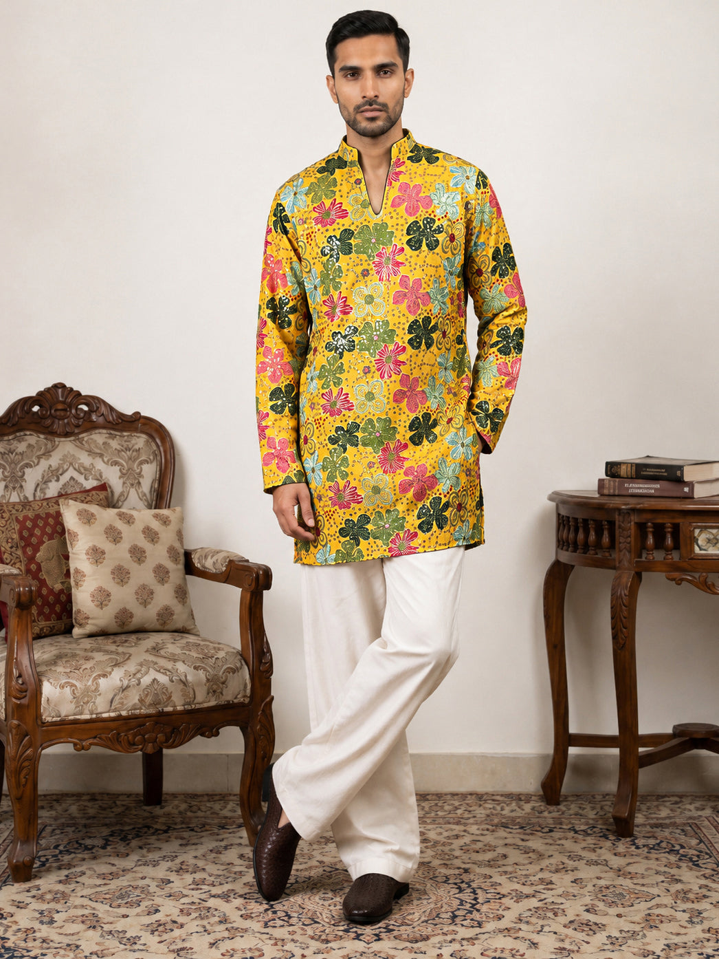 Silk Blend Designer Embroidered Kurta With Korean Pants ( 65KP PJ11W 5609Yellow )