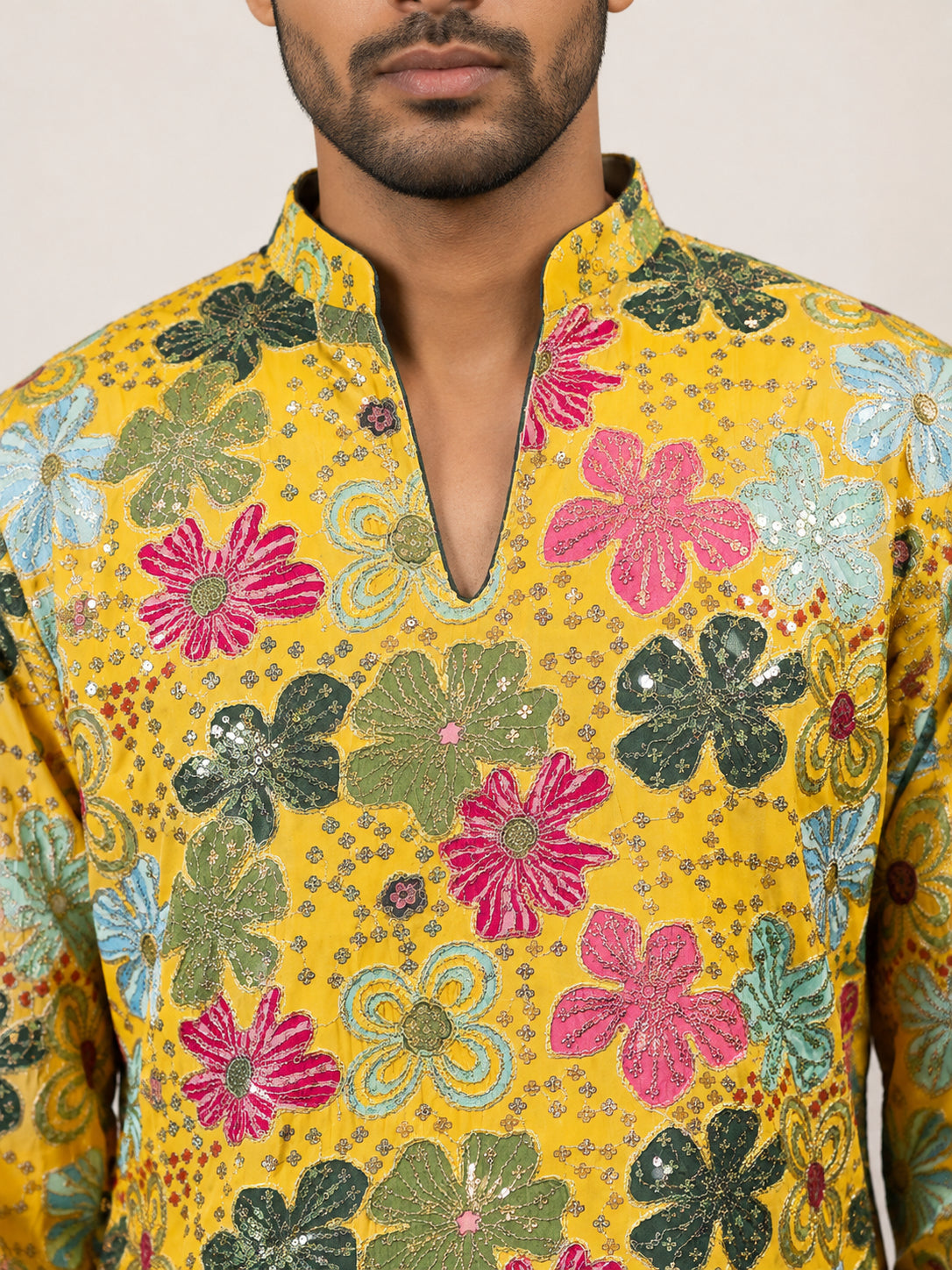 Silk Blend Designer Embroidered Kurta With Korean Pants ( 65KP PJ11W 5609Yellow )