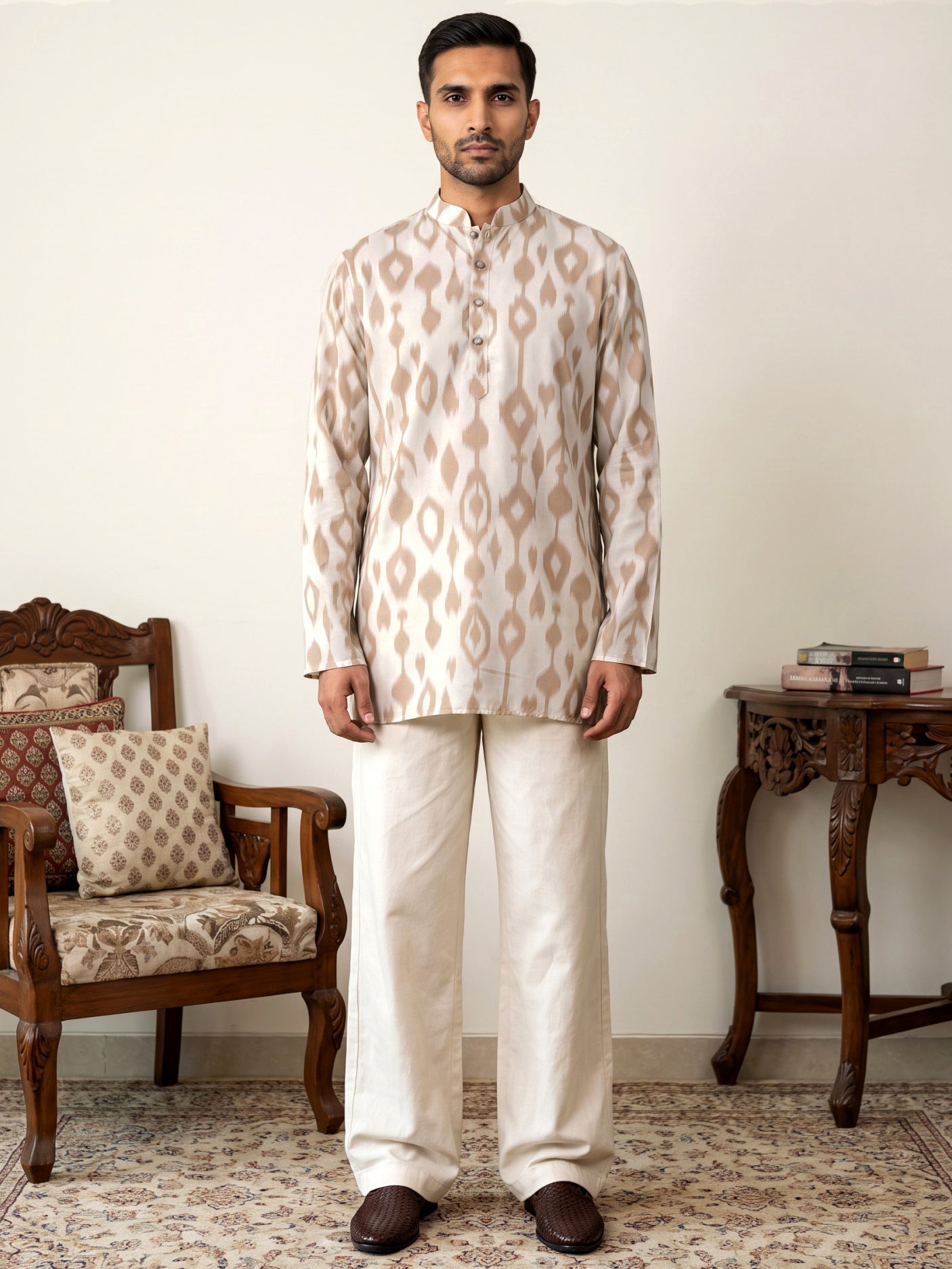 Men Cotton Blend Ikat Printed Kurta With Korean Pants ( 65KP PJ11W 5610Beige )
