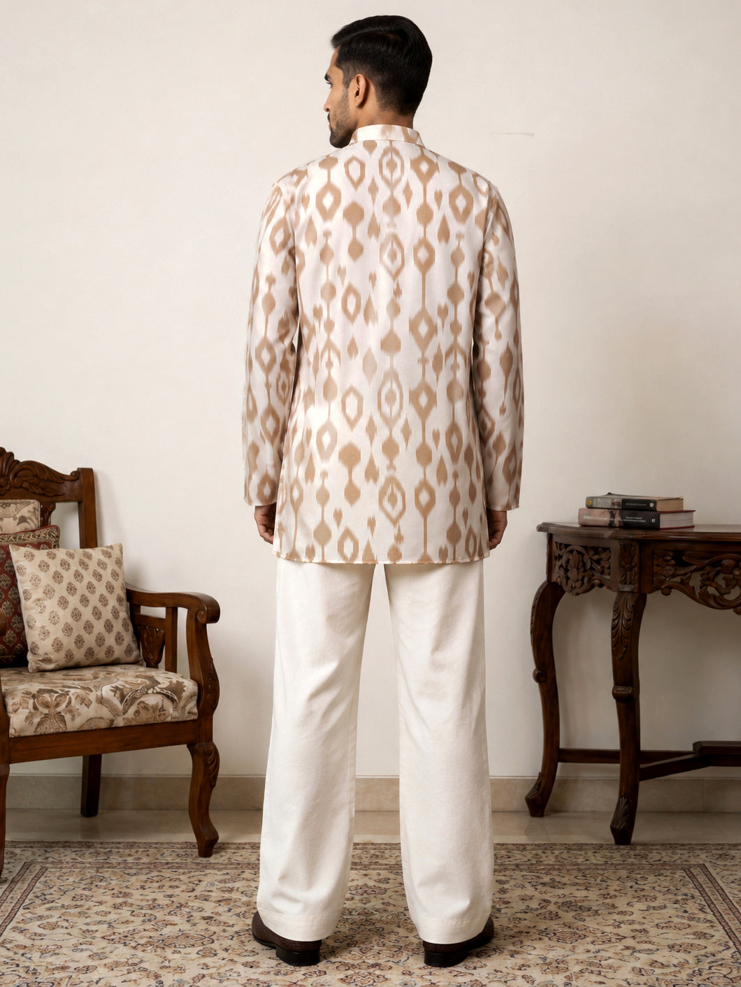 Men Cotton Blend Ikat Printed Kurta With Korean Pants ( 65KP PJ11W 5610Beige )