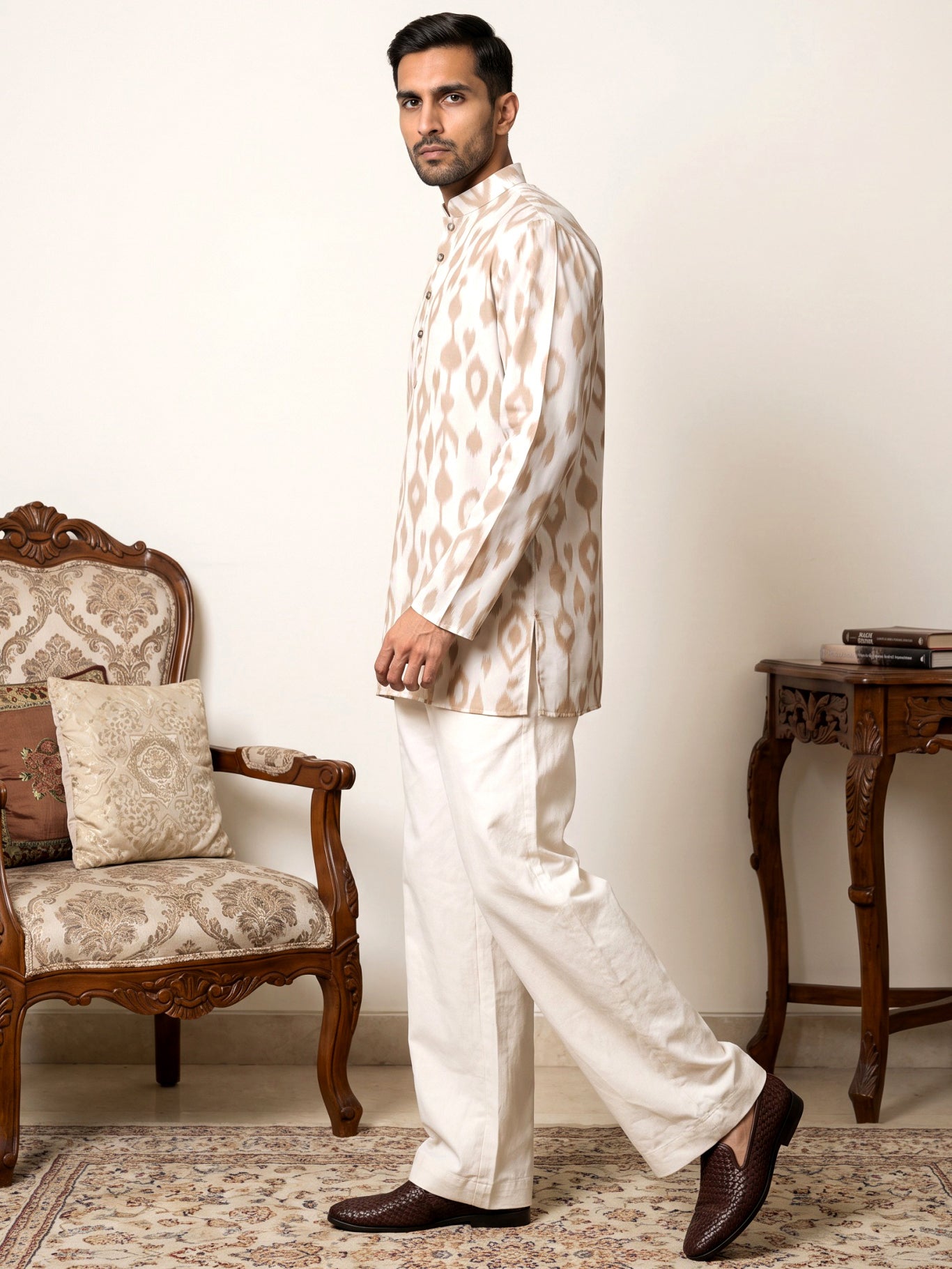Men Cotton Blend Ikat Printed Kurta With Korean Pants ( 65KP PJ11W 5610Beige )