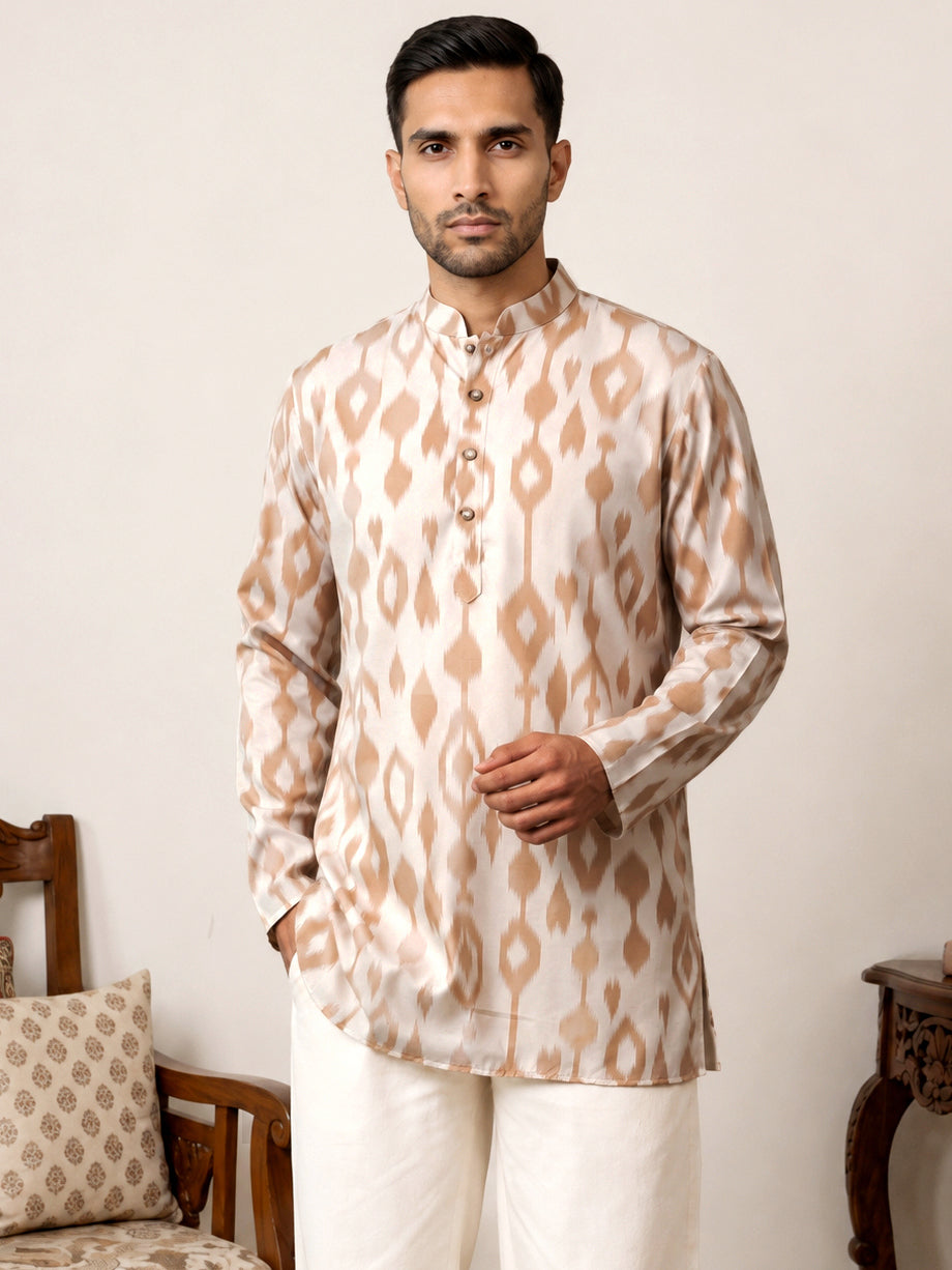 Men Cotton Blend Ikat Printed Kurta With Korean Pants ( 65KP PJ11W 5610Beige )