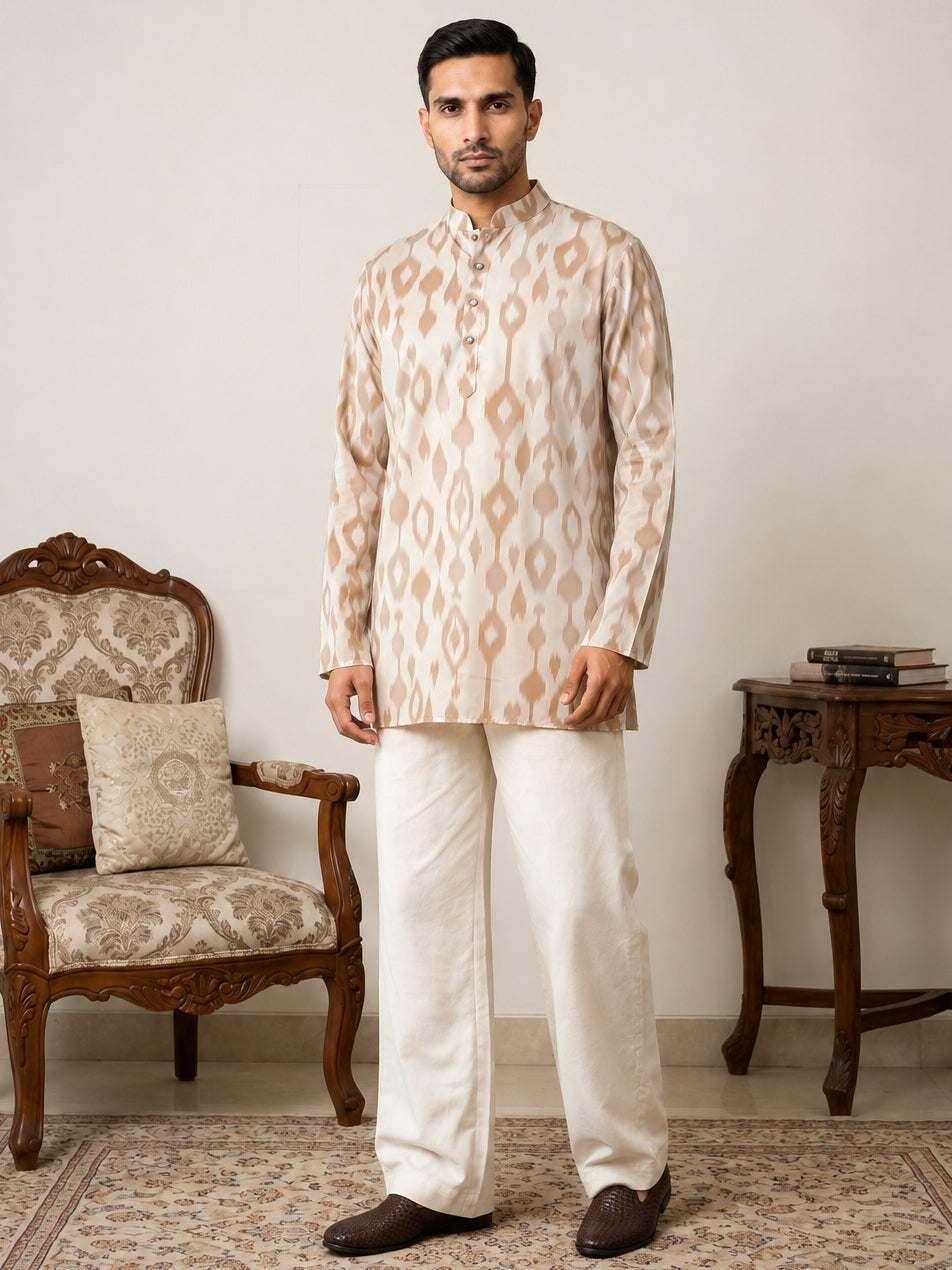 Men Cotton Blend Ikat Printed Kurta With Korean Pants ( 65KP PJ11W 5610Beige )