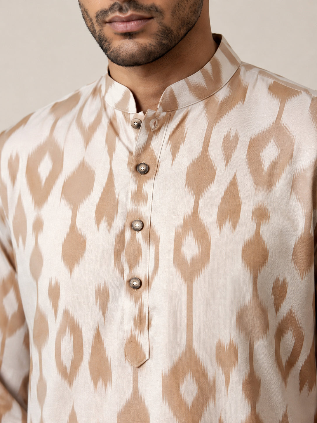 Men Cotton Blend Ikat Printed Kurta With Korean Pants ( 65KP PJ11W 5610Beige )