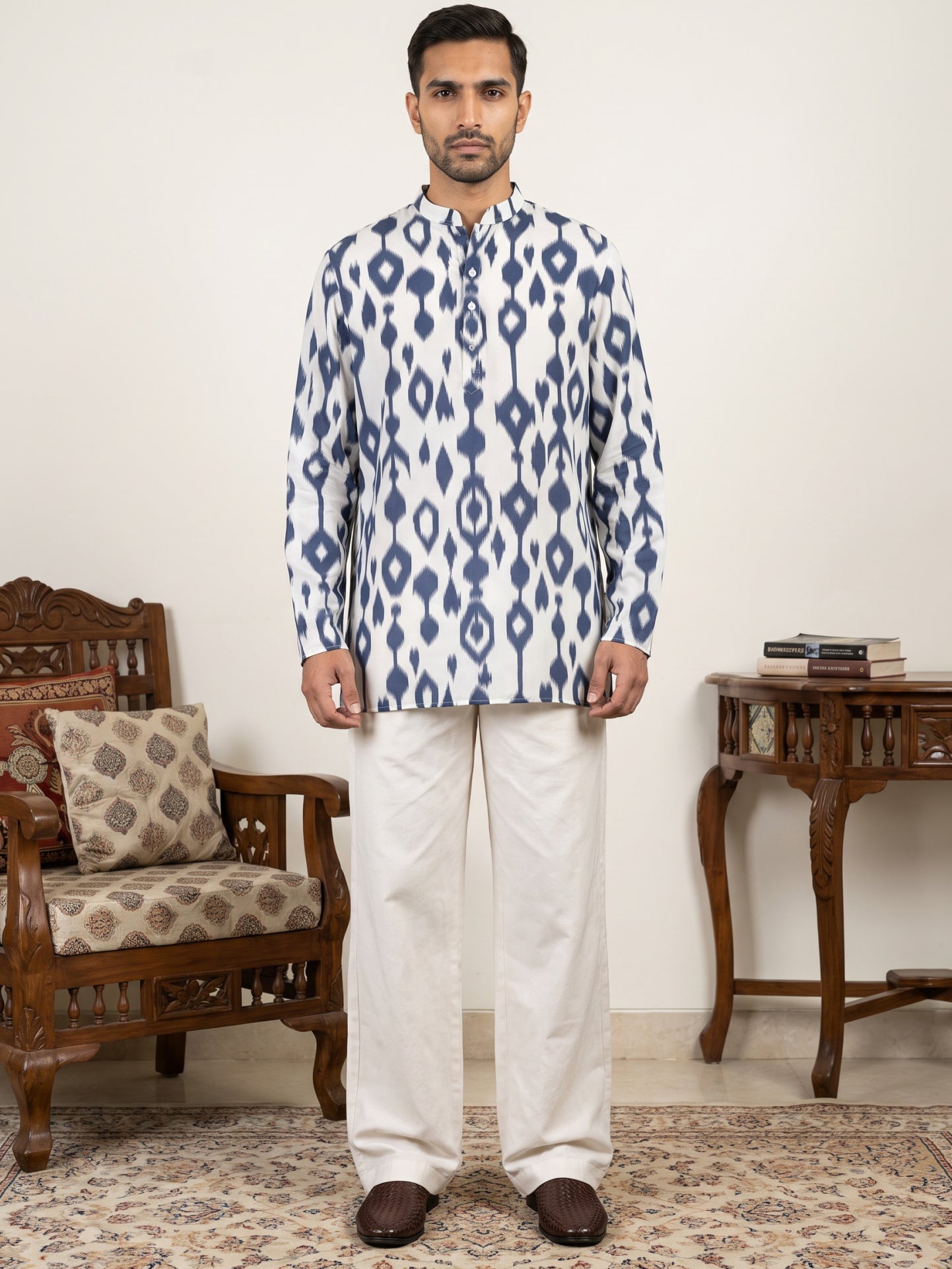 Men Cotton Blend Ikat Printed Kurta With Korean Pants ( 65KP PJ11W 5610Blue )
