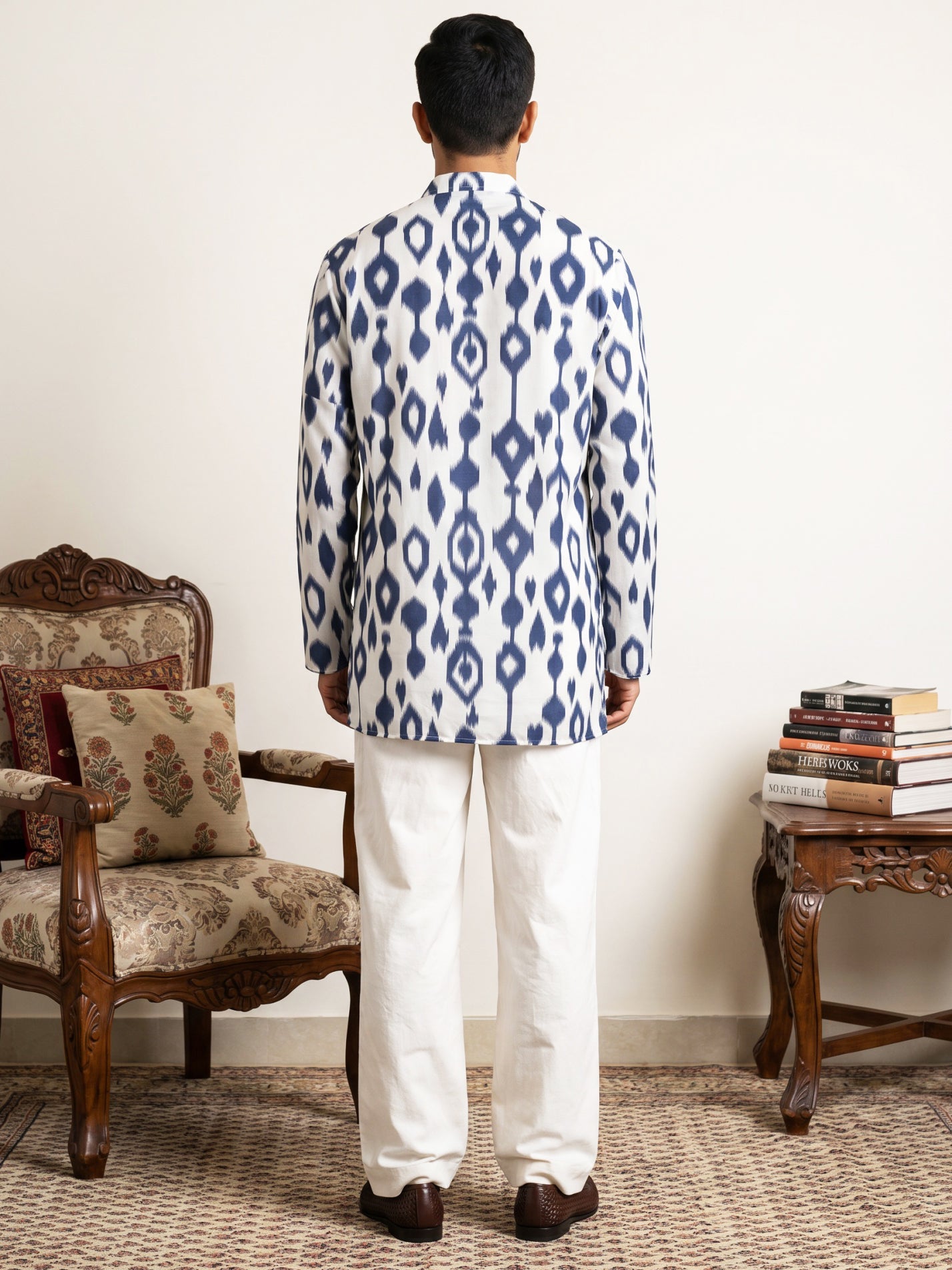Men Cotton Blend Ikat Printed Kurta With Korean Pants ( 65KP PJ11W 5610Blue )
