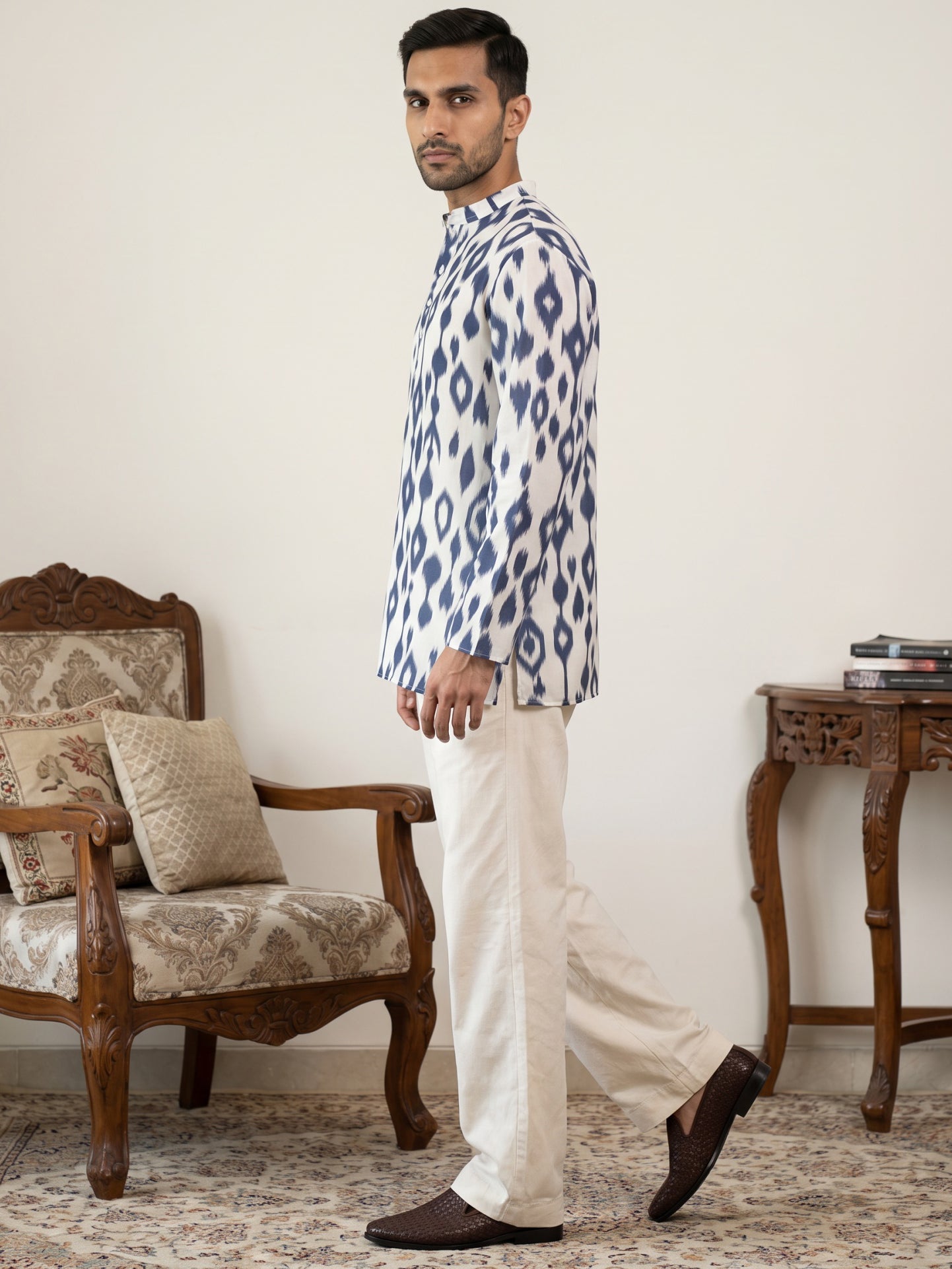 Men Cotton Blend Ikat Printed Kurta With Korean Pants ( 65KP PJ11W 5610Blue )