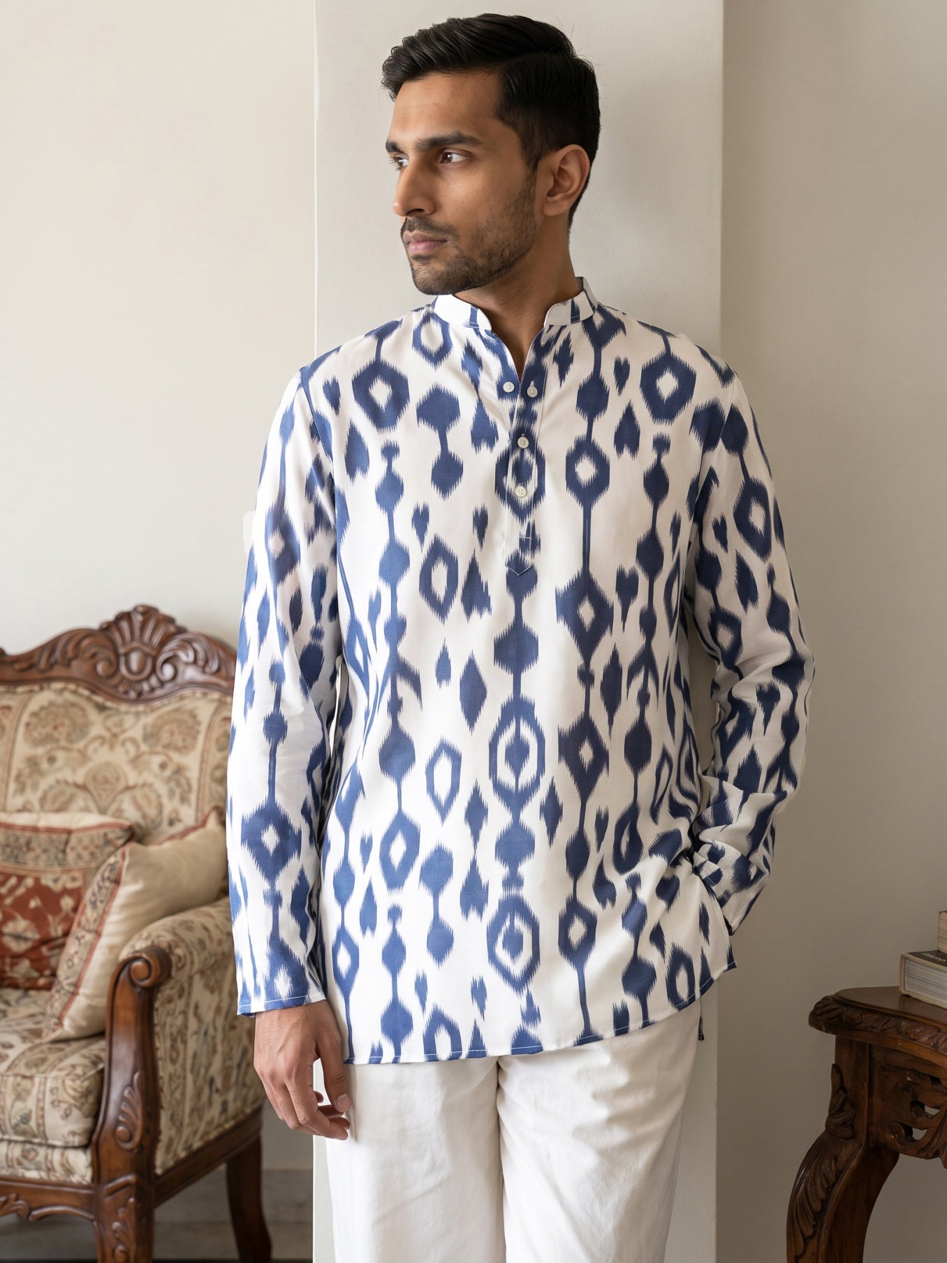 Men Cotton Blend Ikat Printed Kurta With Korean Pants ( 65KP PJ11W 5610Blue )
