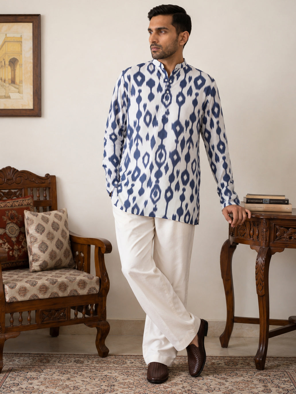 Men Cotton Blend Ikat Printed Kurta With Korean Pants ( 65KP PJ11W 5610Blue )